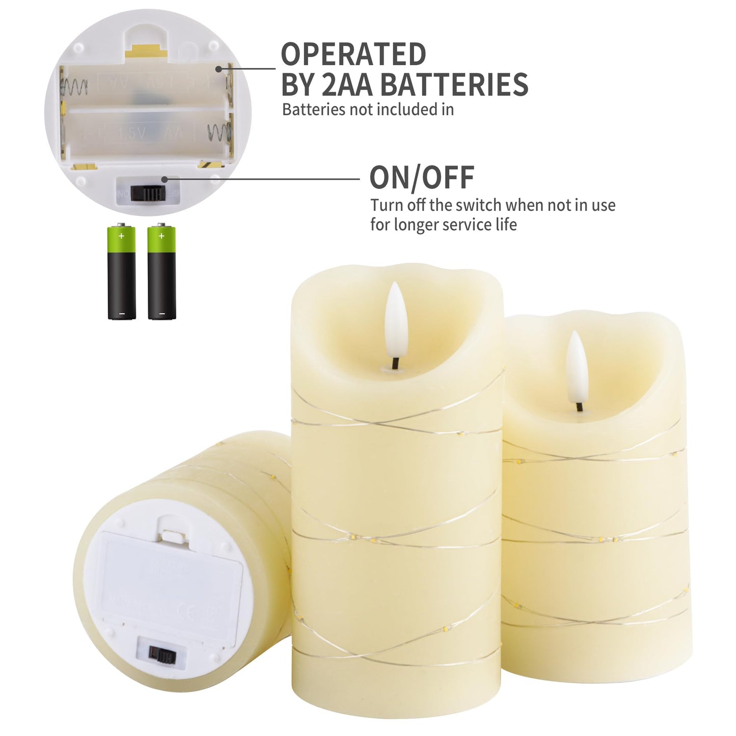 JHY DESIGN Flickering Flameless Candles Real Wax Electric with Embedded String Lights, Battery Operated Pillar LED Candles for Gift, Christmas & Home Decorations, with Remote & Timer, Set of 3(Ivory)