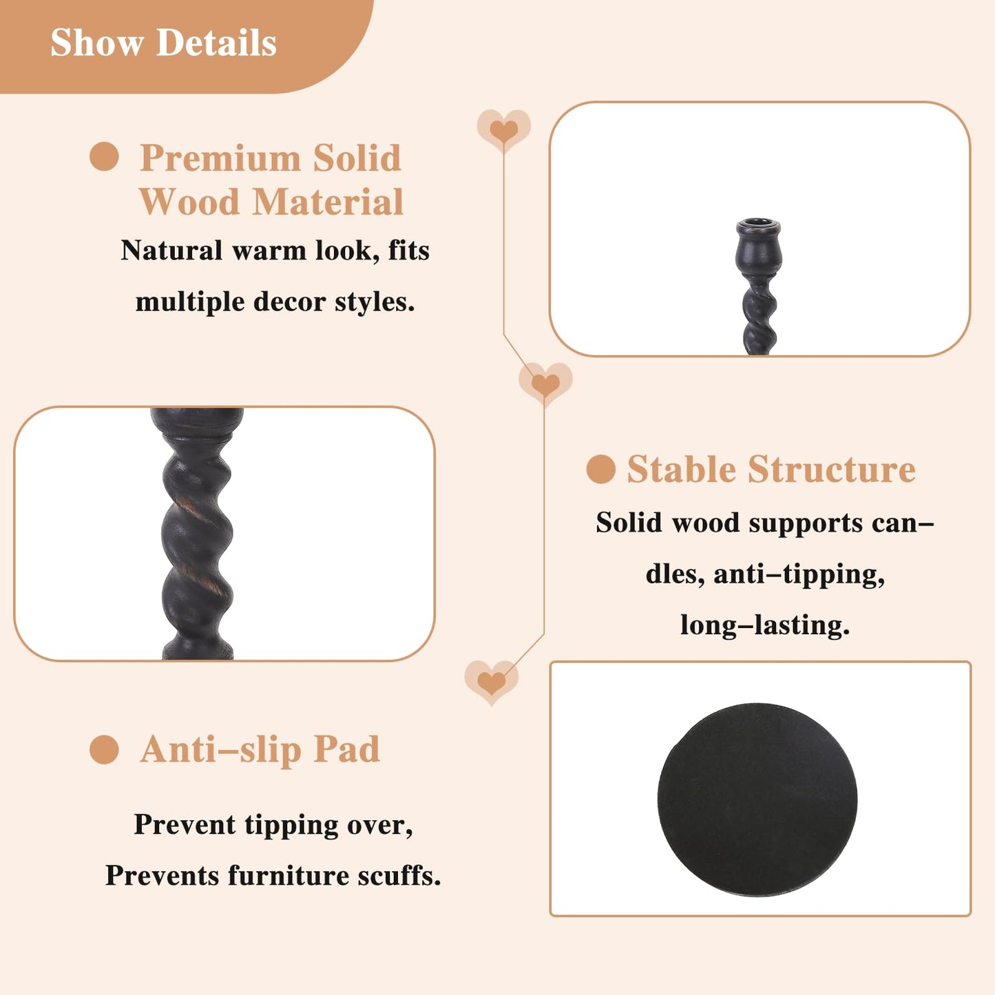 Candlestick Holders, 3 Pcs Rustic Black Candle Holder for Pillar Candles, 100% Solid Wood Decorative Candle Holders Distressed Wooden Farmhouse Candle Holder Large for Fireplace Table