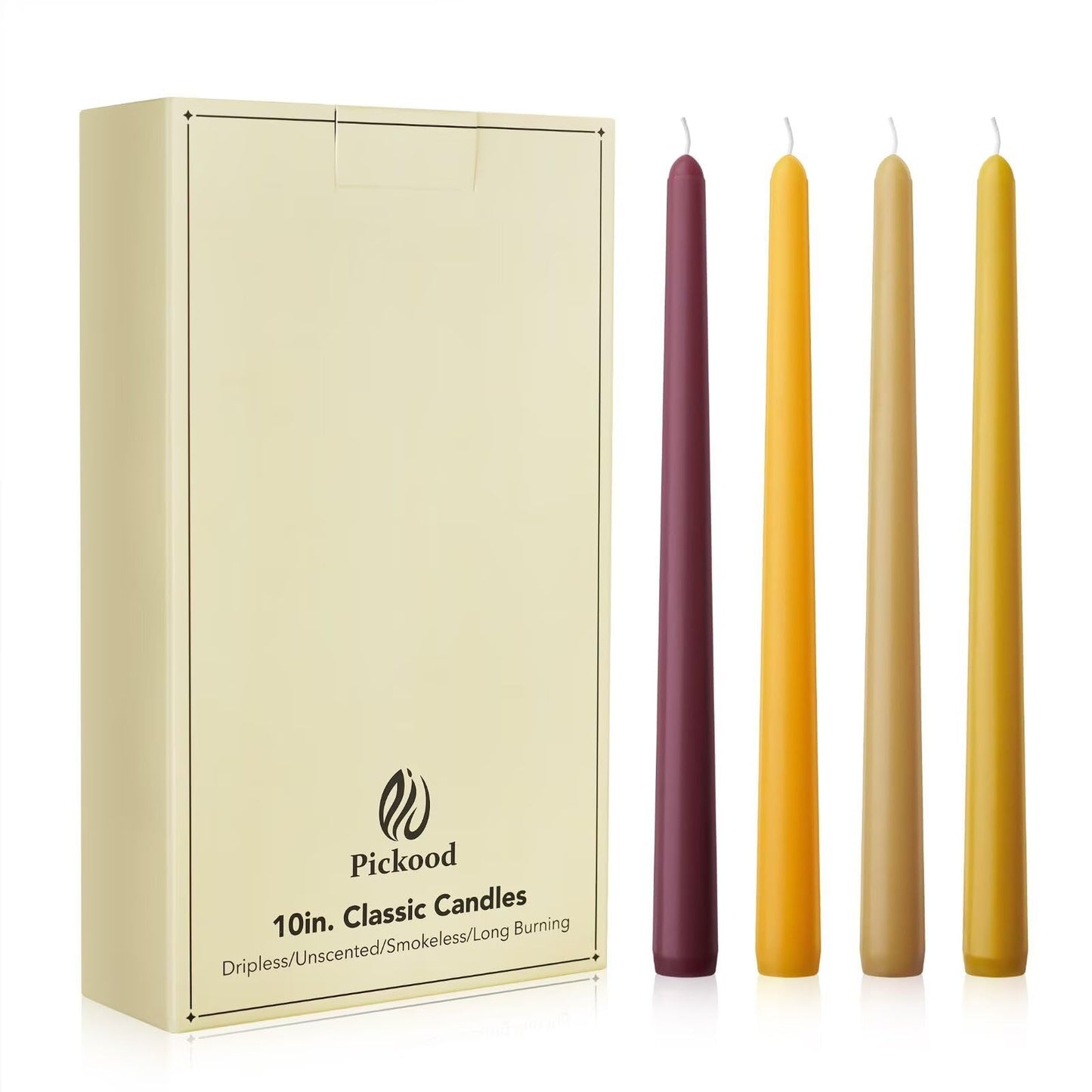 Pickood 10-Inch Unscented Dripless Taper Candles - Fall Taper Candles Bulk 12 Pack for Dinner - Smokeless, 6-8 Hour Burning - Mixed Candlesticks - Burgundy, Caramel, Blaze, Ochre