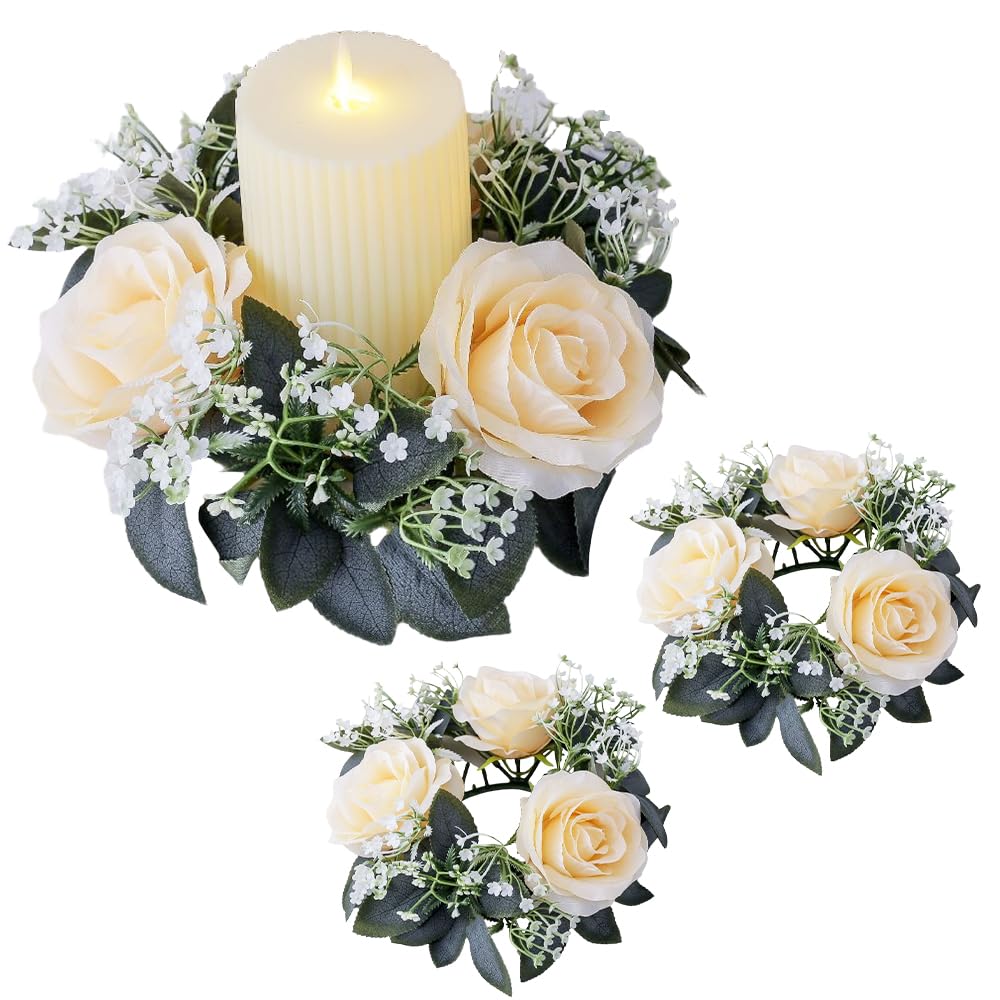 2 Pack Artificial Rose Candle Rings, Christmas Floral Wreaths with Eucalyptus Leaves Mini Wreaths Candle Rings for Pillar Candle Lantern Wedding Centerpiece Party Home Fall Table Decor (Champagne)
