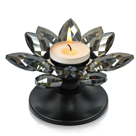 1 PC Black Crystal Flower Tea Light Holder, Glass Tealight Candlestick with Metal Base, Votive Candle for Table Centerpiece, Wedding/Parties Decor, Nice Gift