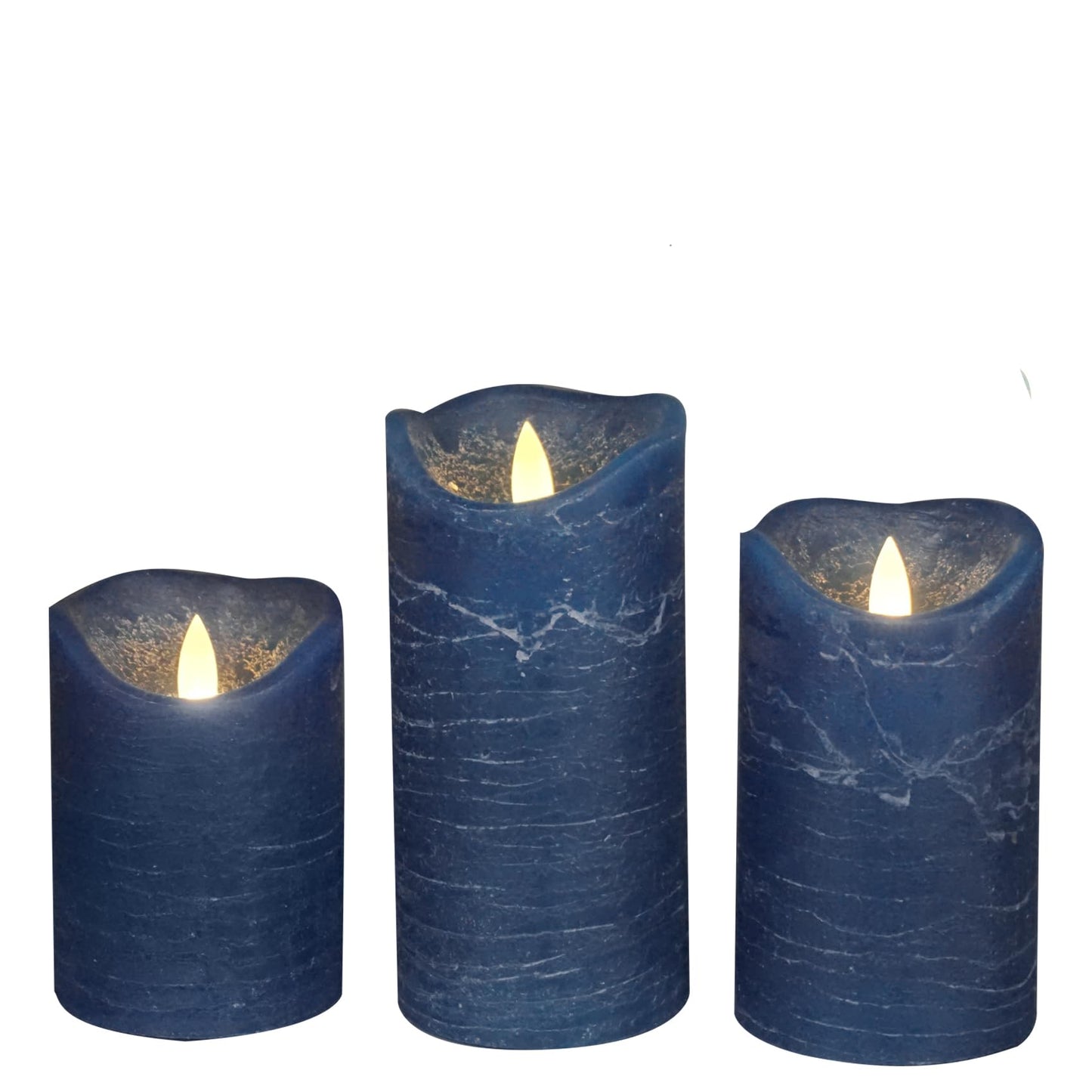 CANDLE CHOICE Real Wax Battery Operated Flameless Candles with Automatic Daily Cycle Timer Realistic Flickering Electric LED Pillars Wedding Party Holiday Decorations Set of 3 Rustic Texture Navy Blue