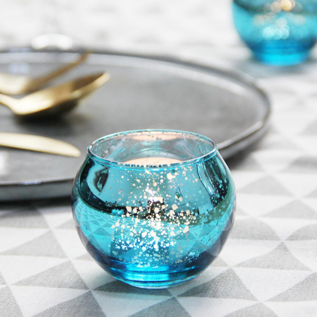Uonlytech 12pcs Blue Speckled Hollow Glass Candle Holders Decorative Tealight Candle Cups for Living Room and Hospitality Table Décor