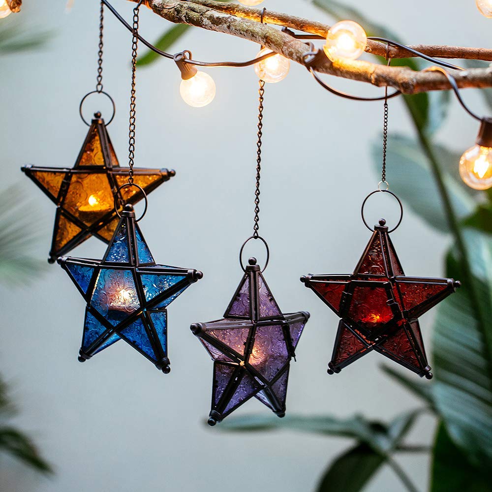 Stunning Star Glass Votive Tea Light Candle Holder Hanging Lighting Lantern Wedding Birthday Party Home Garden Decoration (Blue)