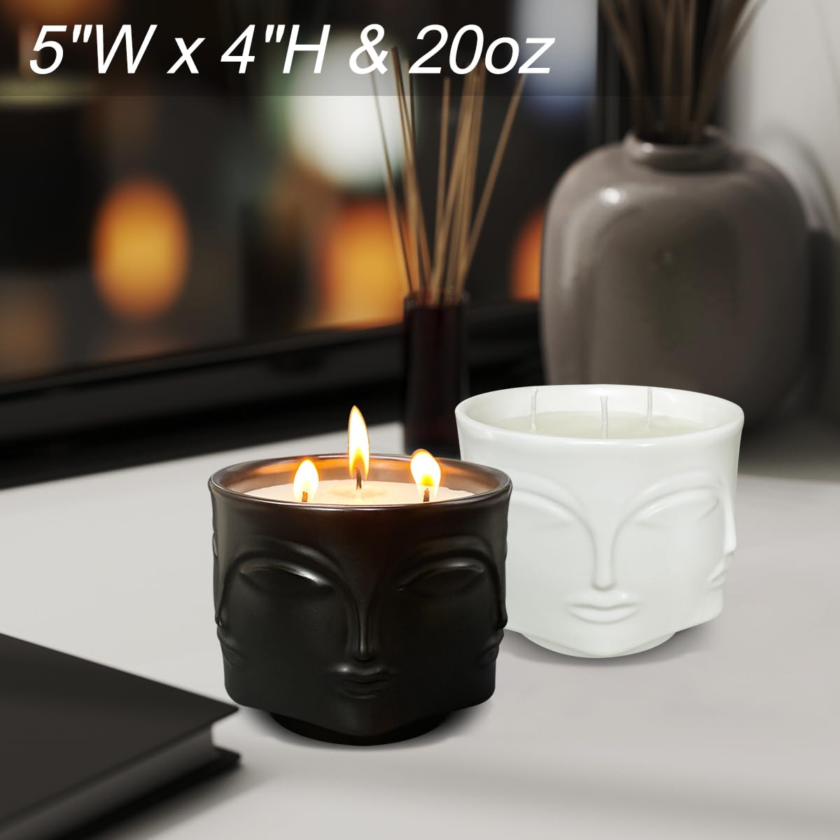 Outdoor Decorative White Large Citronella Candle, 20oz, Ceramic, 3 Wick Scented Candles, 100% Soy, for Patio Decor, Outside Table Decor, Camping Accessories