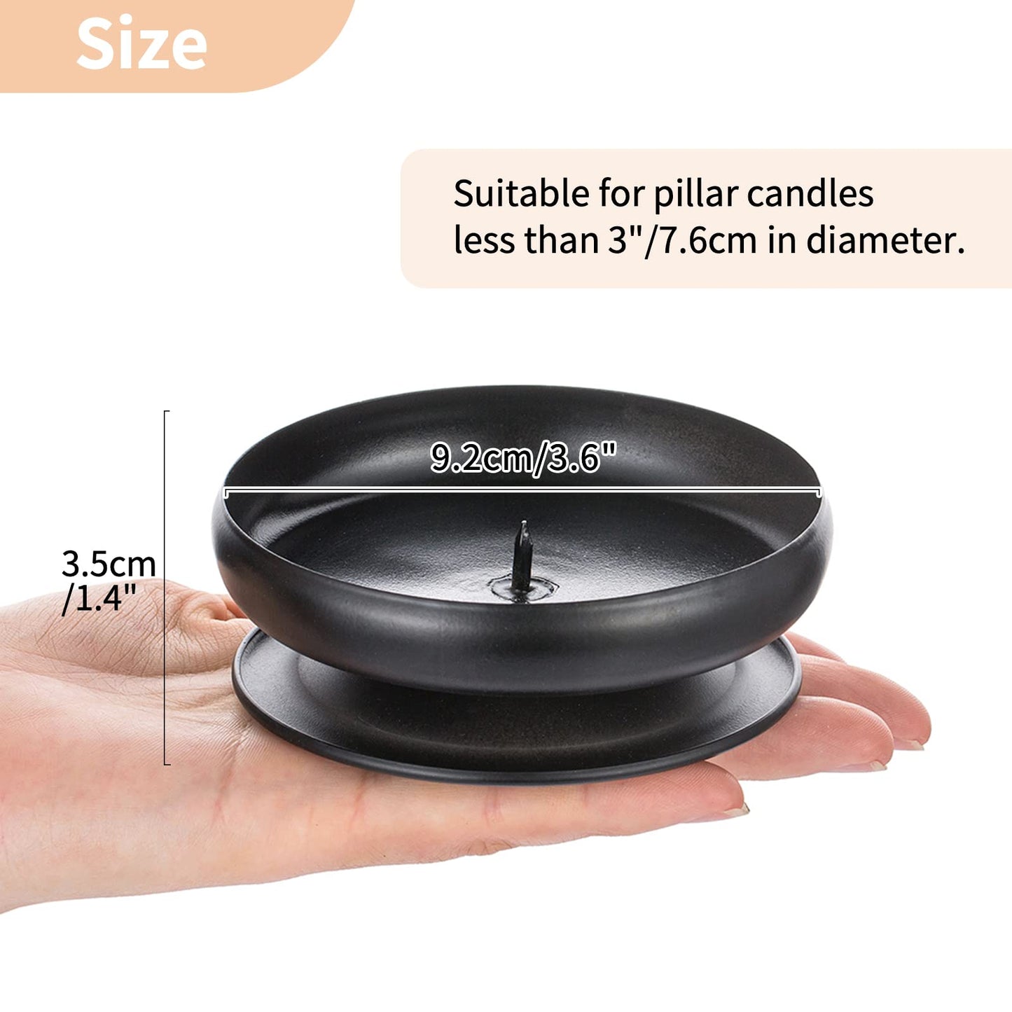 Set of 2 Black Iron Pillar Candle Holders Spike Candle Holder 3.6"/ 9cm Diameter. Ideal for Wax or LED Candle Gardens, Spa, and Aromatherapy, Incense Cones, Wedding, Party, Spa, as Pedestal