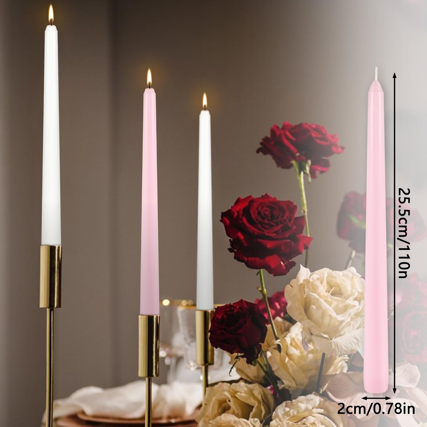 10-Inch Pink and White Taper Candles|24Pack Unscented, Smokeless,Hand-Poured CandleSticks,Perfect for Valentine’s Day, Weddings, Parties, Shabbat, Baby Shower, Birthday,Girls' Night,Home Décor
