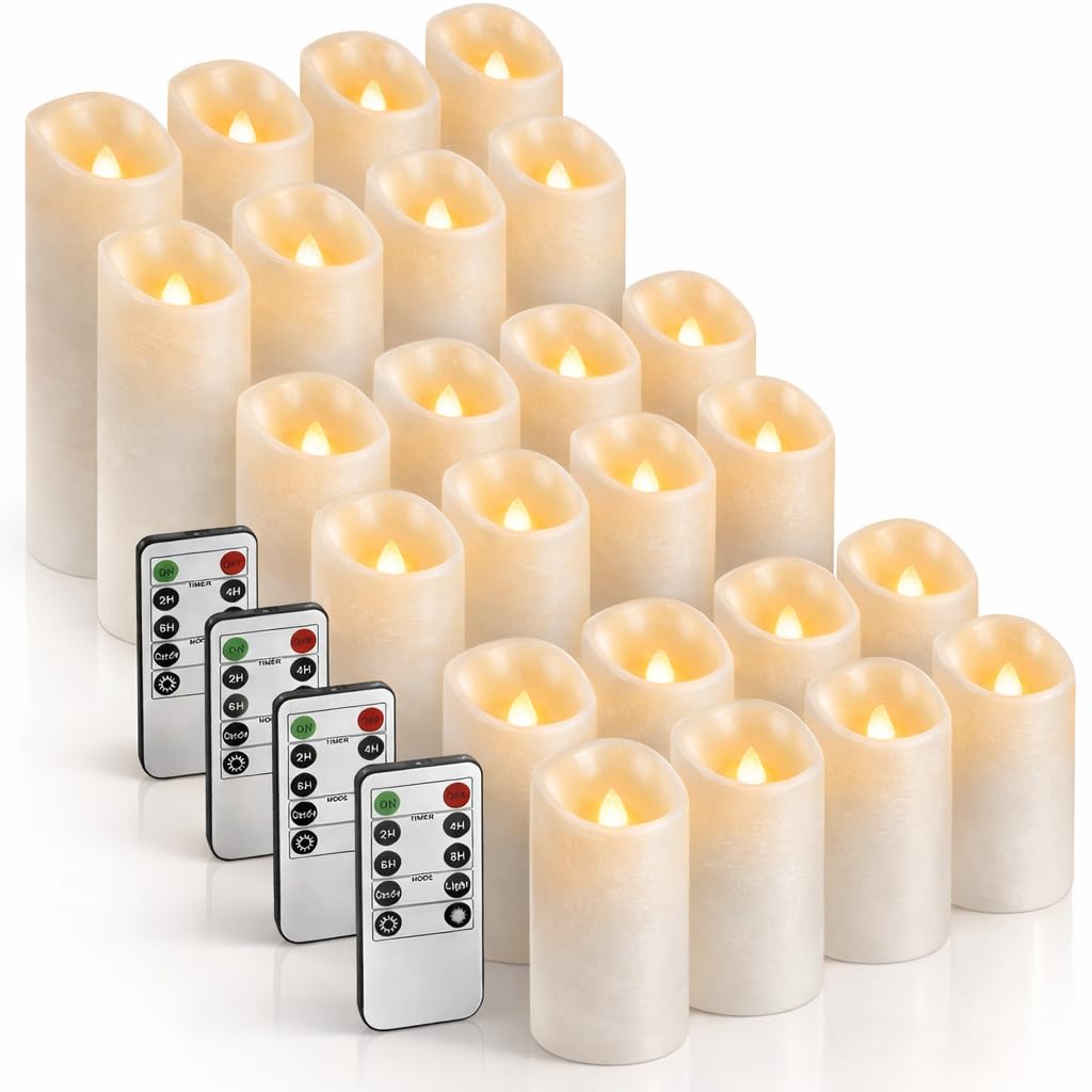 Set of 24 Slim Outdoor LED Candles, Battery Operated Flickering Fake Candles with 10-Key Timers for Patio & Porch Decor, 2.2 Inch Diameter Waterproof Resin Pillars for Large Events & Sconces (White)