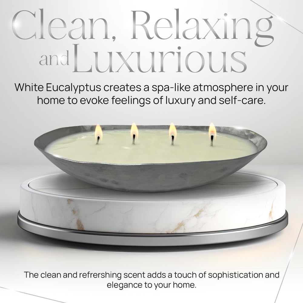 Dough Bowl Candle Co. Luxury Candle - Scented Luxury Candles for Home, 12x5x2 Inch Vessel for Women and Men, Fancy 4 Wick for All Occasions (Silver, White Eucalyptus)