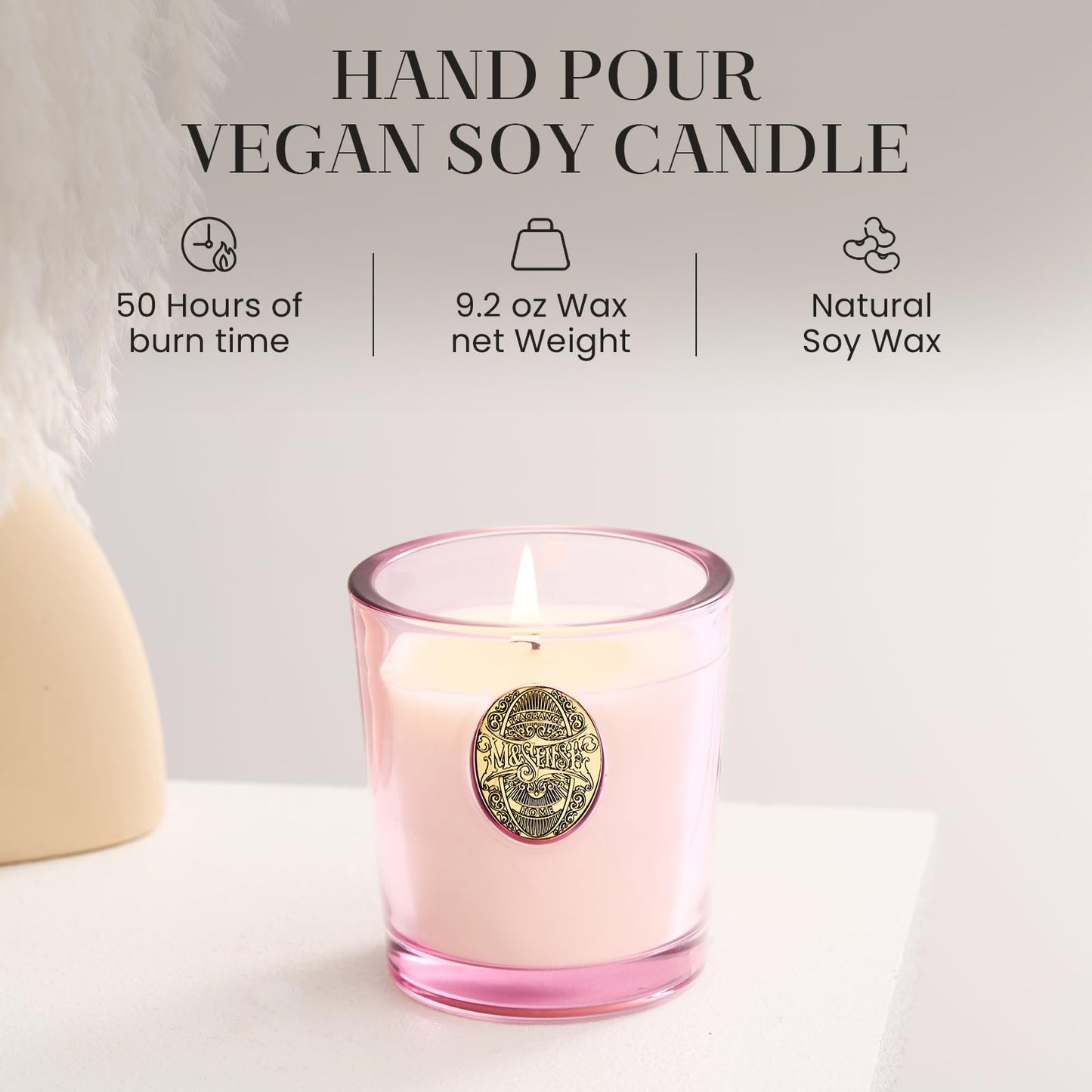 M&SENSE Natural Soy Candle | Saltwater Rose & Pink | 9.2 oz, 50H Burn Time | Candle Gift for Her | Scented Candle for Valentine’s Day