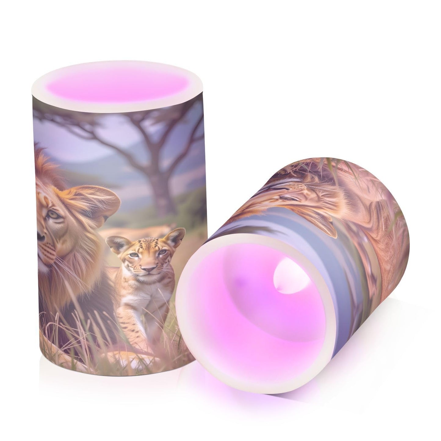ALAZA Lion Leopard Animal Tree Flickering Flameless Candles Pillar Led Candles Battery Operated Candles with Remote and Timers Set of 2