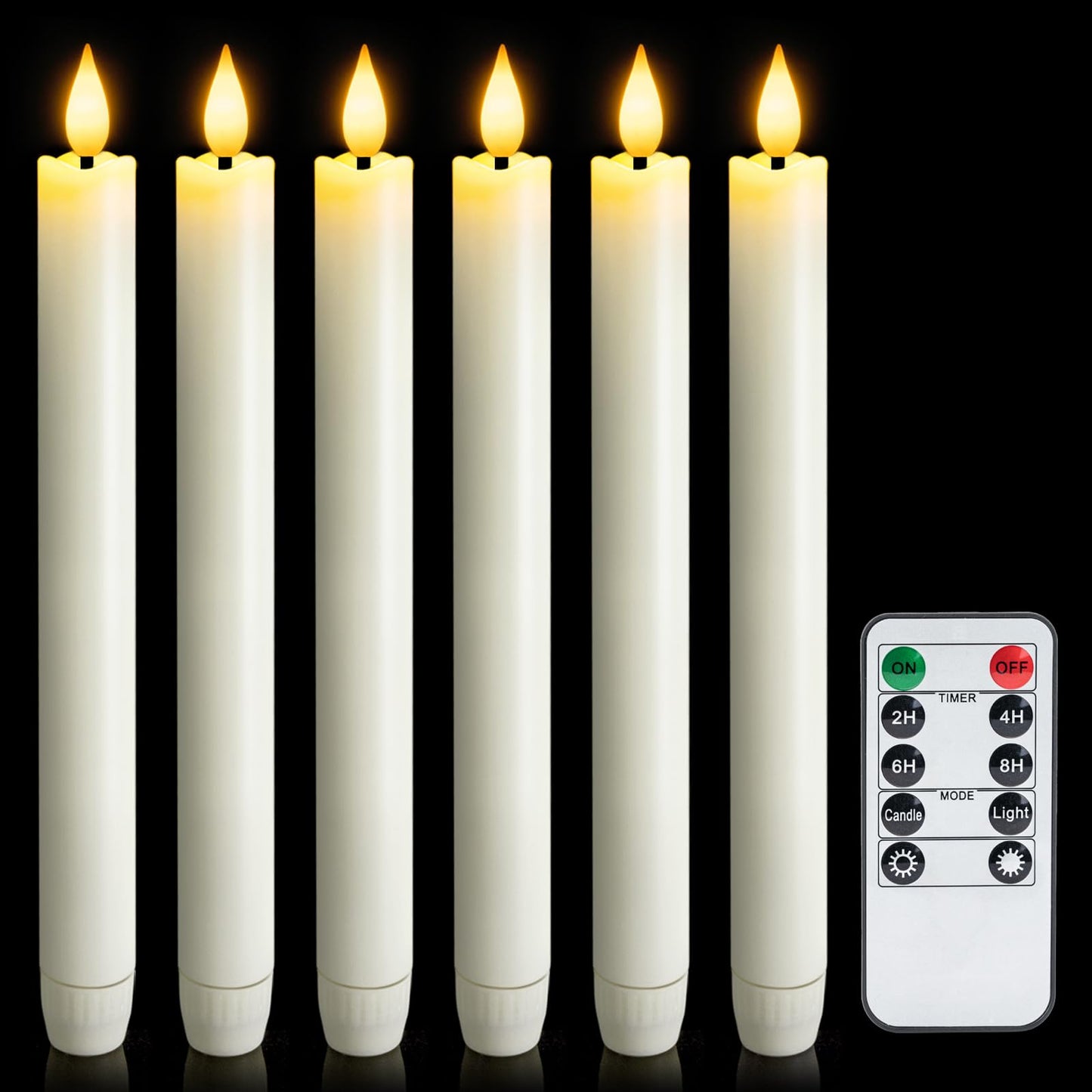 Meigic 6 Pcs Flameless Taper Candles with Remote Timer, Battery Operated Window Candles, 9.6 inches White Plastic LED Candlesticks, for Halloween Christmas Church Wedding Decor