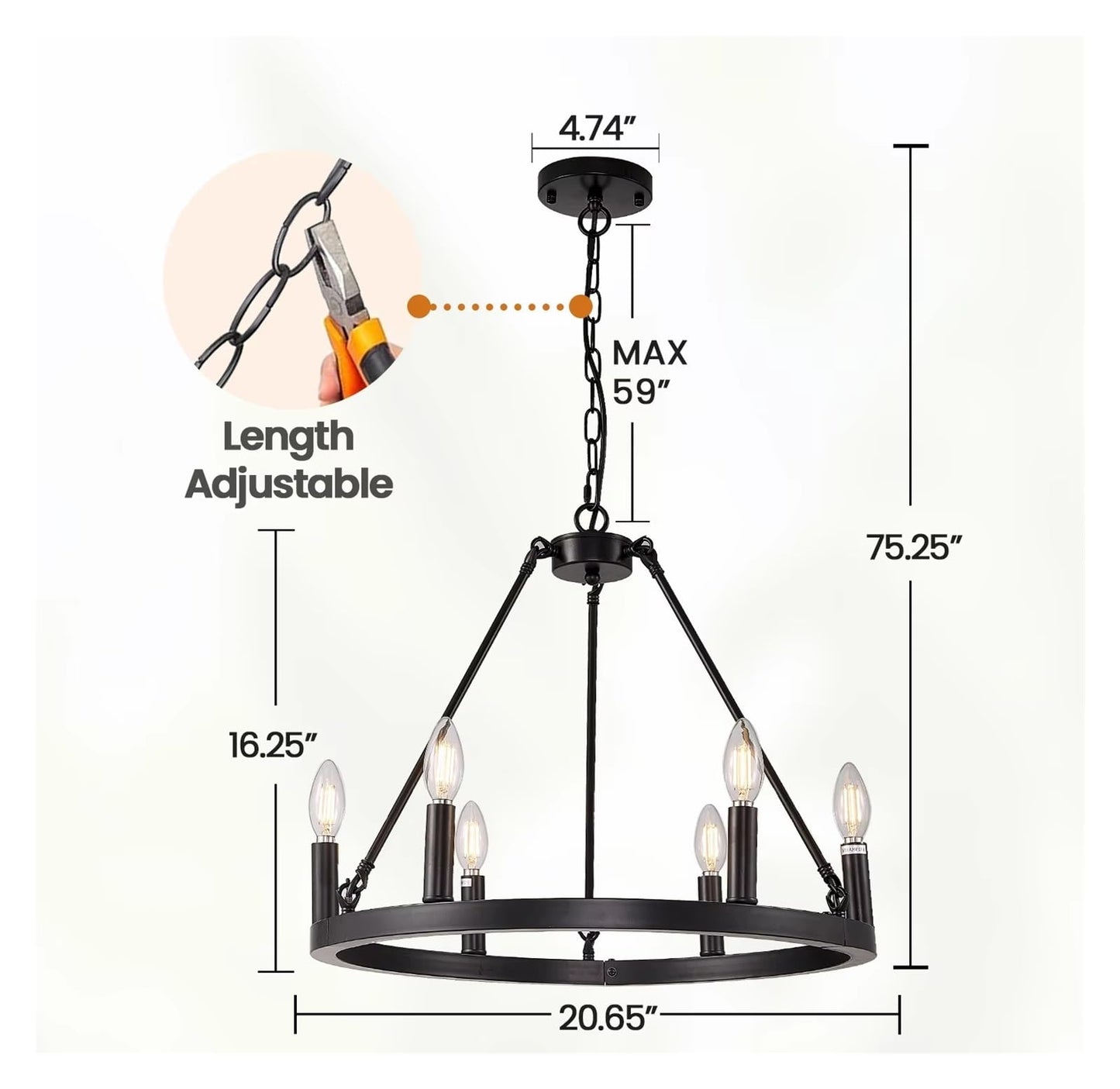 6 Light Black Carriage Wheel Pendant Light 20.65 Inch Candle Pendant Light,Comfortable Lighting