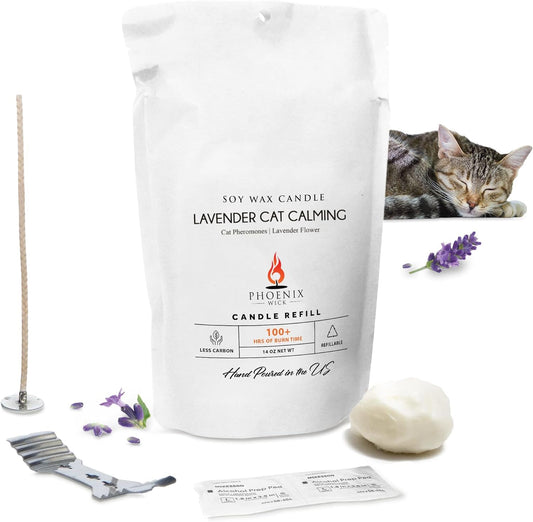 Phoenix Wick Candle Making Kit - New Soy Wax & Wick for Your Luxury 14oz Candle Jar - Adds 100 Hours Burn Time (Lavender Cat Calming)