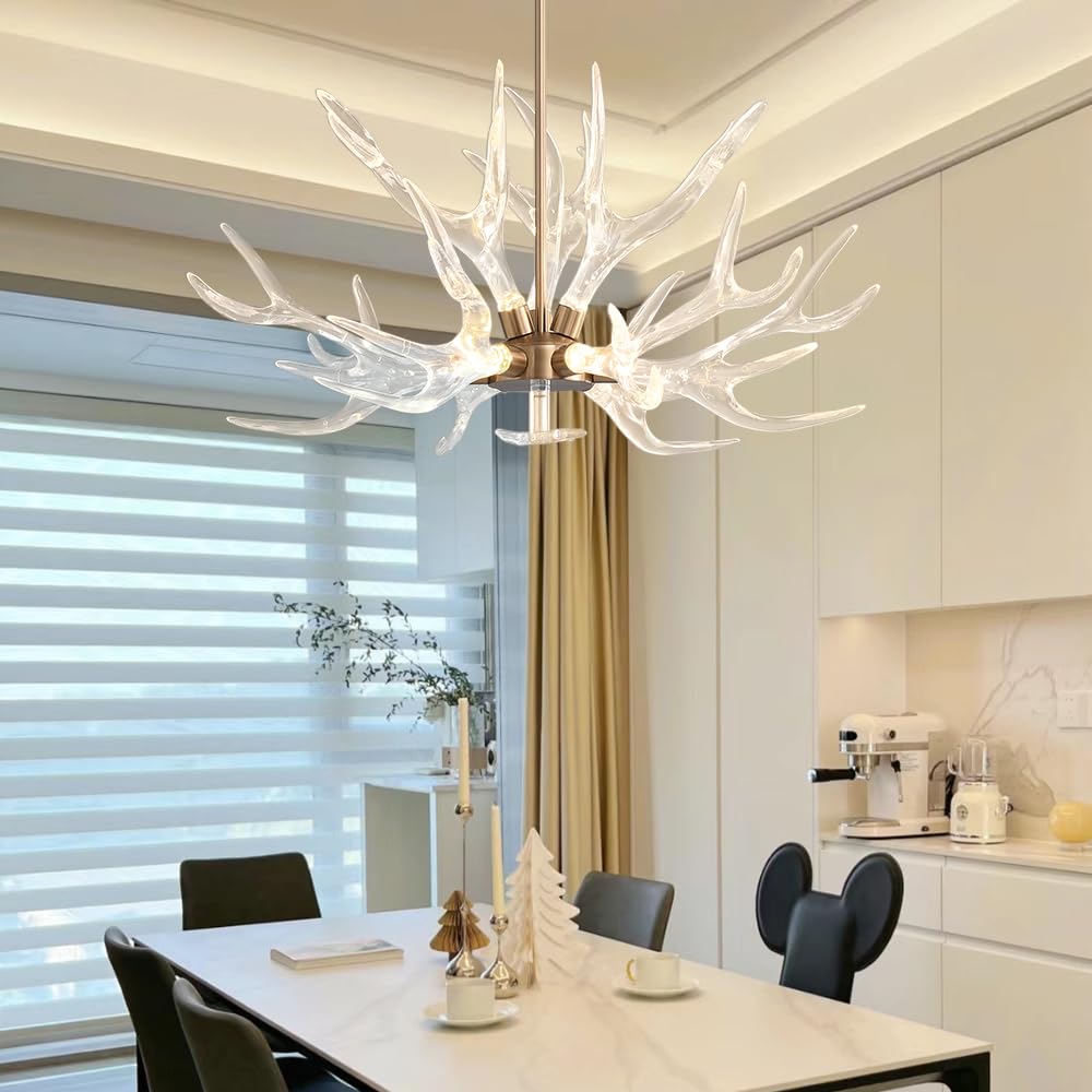 LOVEDIMA Resin Antler Chandelier, 9-Light Deer Horn Pendant Light Fixture for Living Room Bedroom Dining Room Kitchen (Gold)