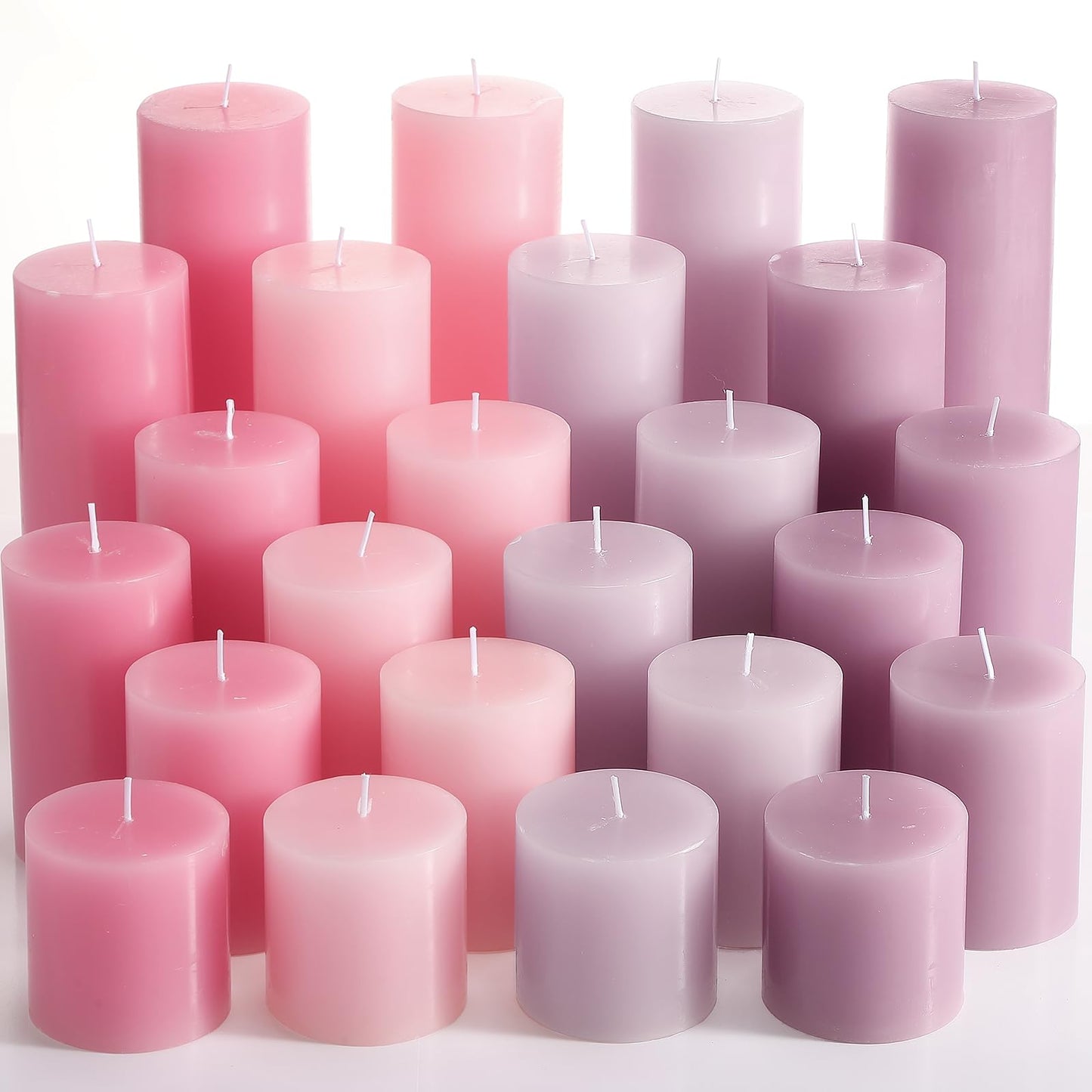 Shihanee 24 Pcs Pillar Candles 3 in x 3,4,5,6,8,10 Dripless Unscented Smokeless Candle Long Burning Decorative Rustic Candles with Cotton Wick for Wedding Home Fireplace (Pink Gradient)
