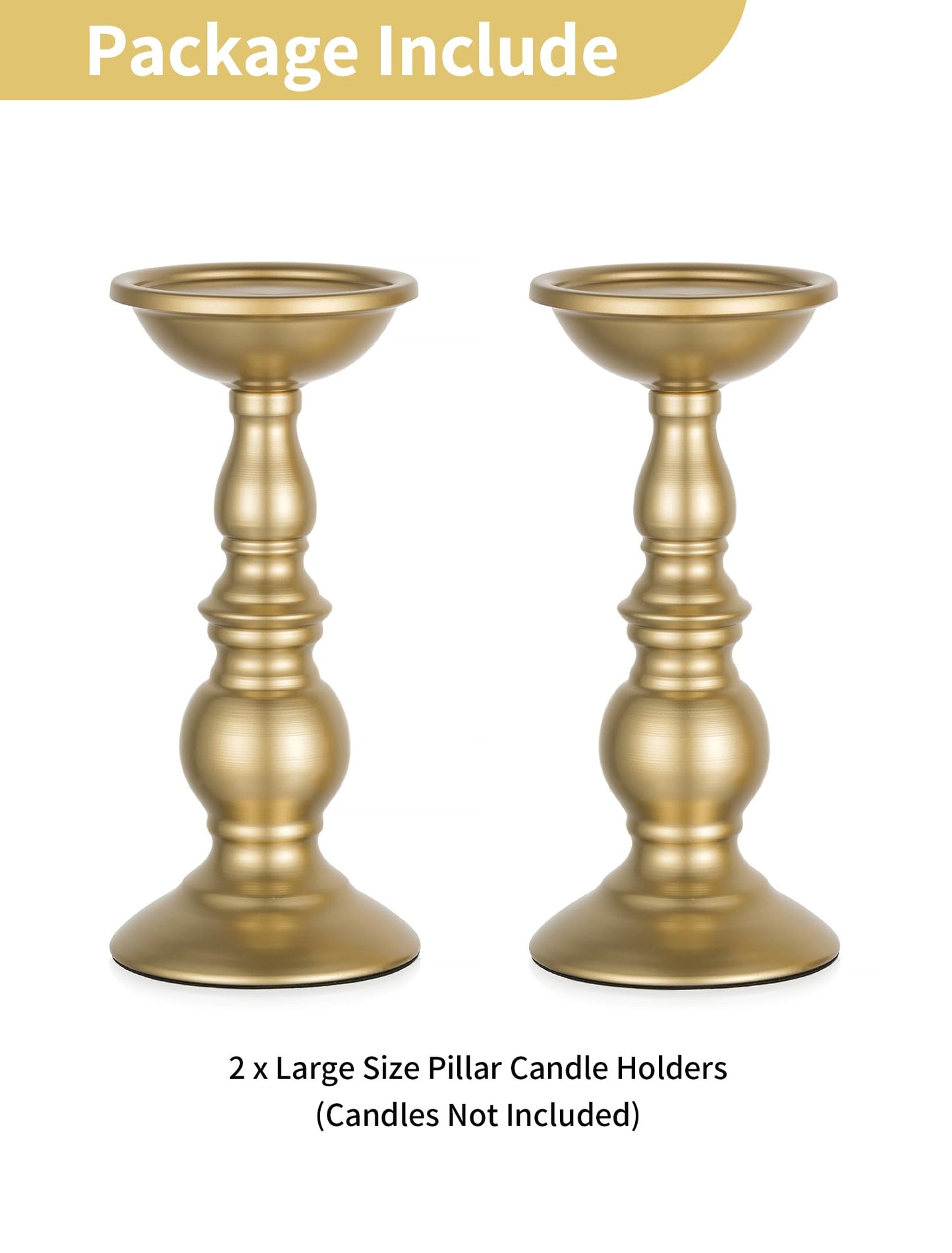 Set of 2 Gold Candlestick Metal Pillar Candle Holders, Flameless Candlestick Holders Stand Centerpieces Decoration Ideal for Weddings, Special Events, Parties
