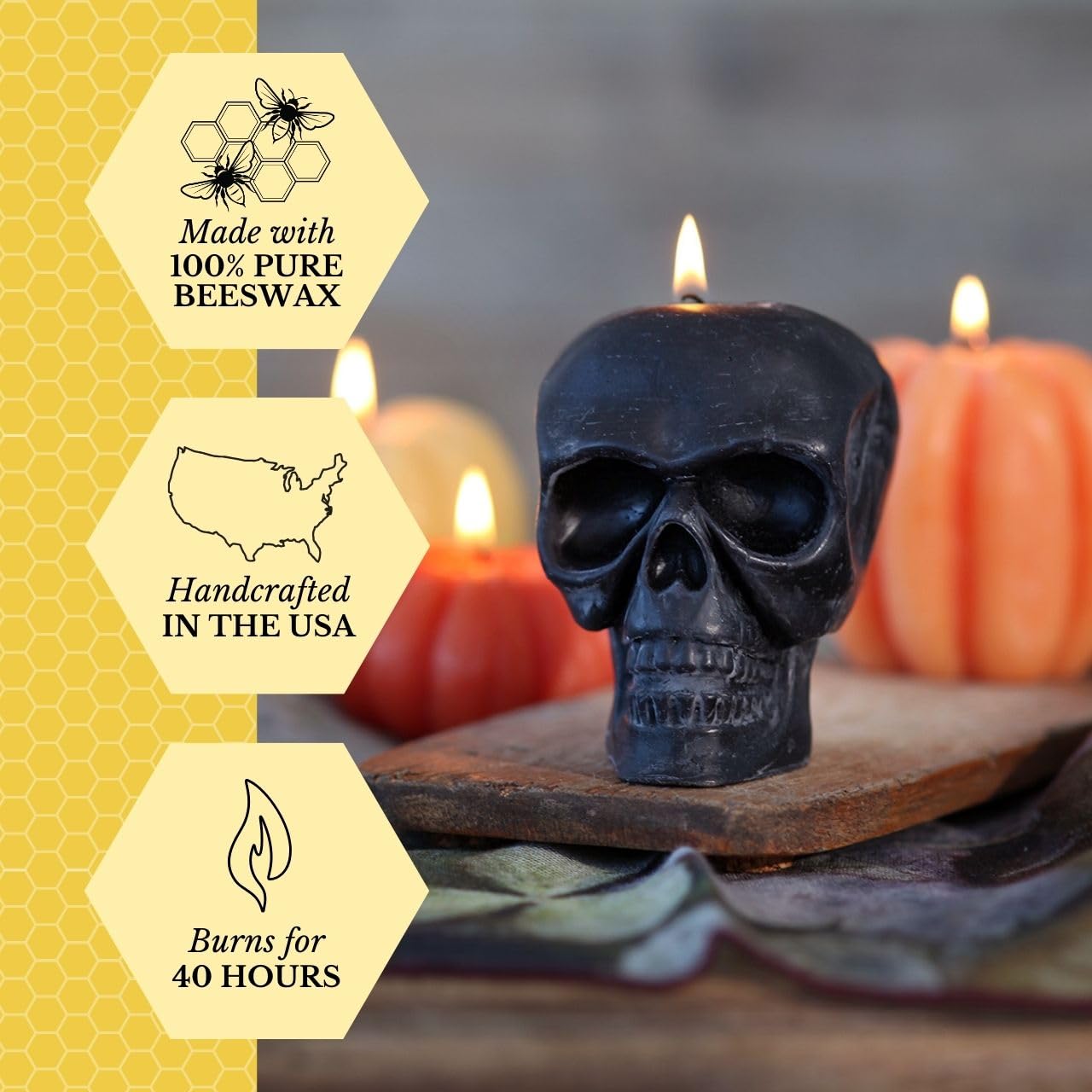 Big Dipper Wax Works Black Skull Candle – Handcrafted 100% Pure Beeswax, 3.5" × 3.75", Unscented, 40-Hour Clean Burn, Gothic Halloween Décor, Artisan Sculpted Candle, Eco-Friendly Gift