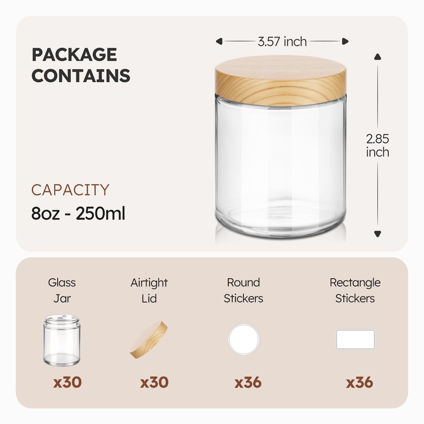 8 oz Glass Jars with Lids, 30 Pack Clear Small Glass Jars with Woodgrain Lids Leakproof Round Airtight Empty Cosmetic Travel Containers for Lotions Powders and Candle Making