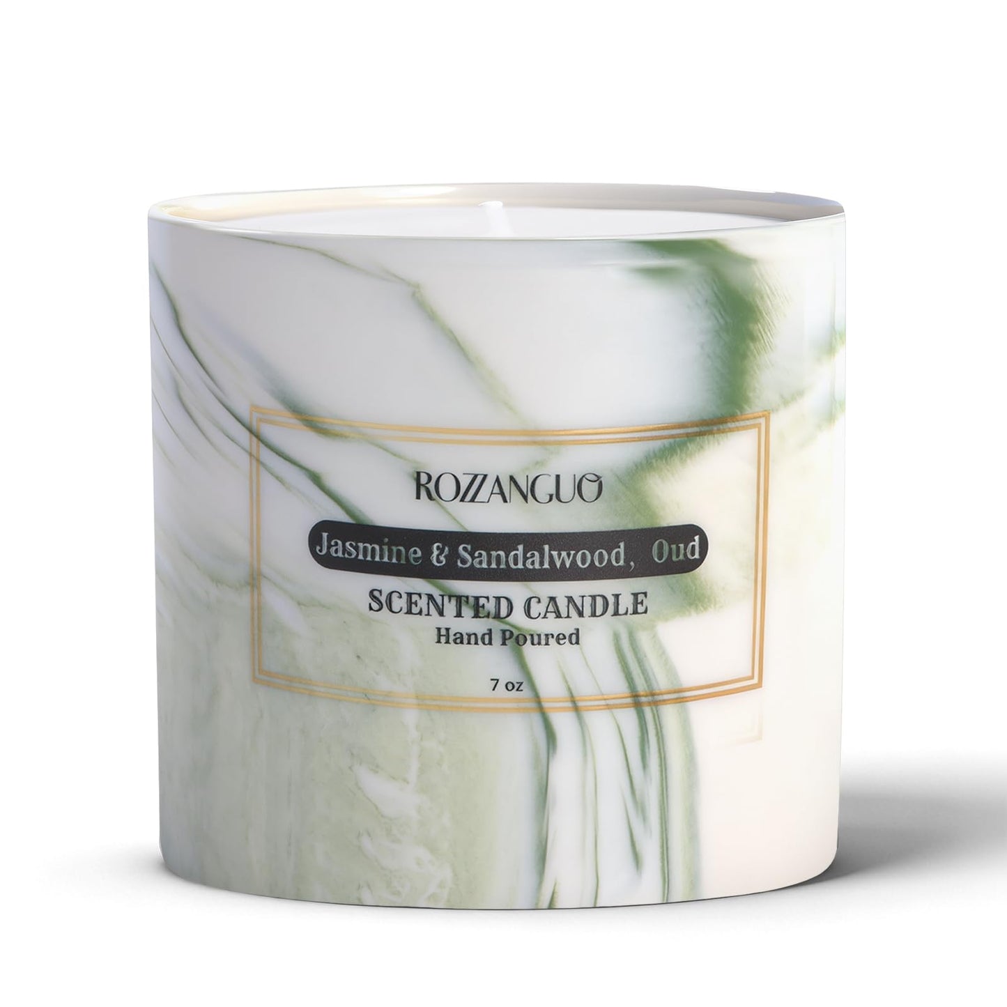Rozzanguo Luxury Marble Jar Scented Candle | Women Men | Non Toxic 100% Natural Coconut & Soy Wax Blend Cotton Wick | Hand Poured Highly Scented Long Lasting (Jasmine & Sandalwood, Oud, 7 Ounces)