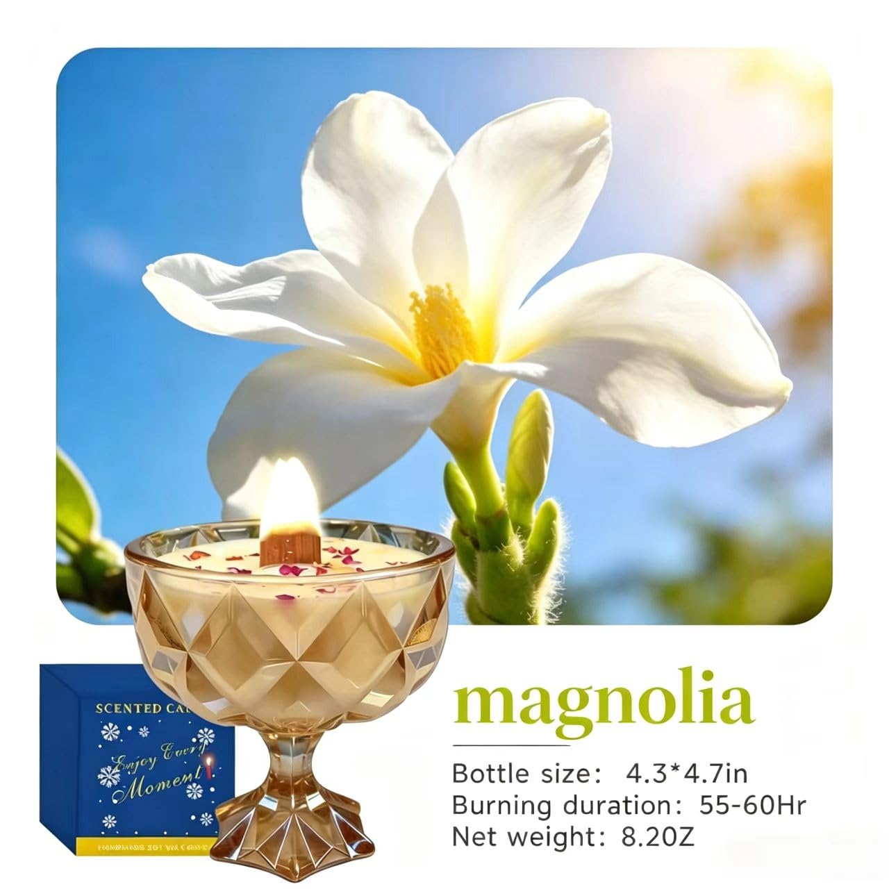 Joo Sko Diamond Bowl Shape Soy Wax Magnolia Scented Candle, Aromatherapy Jar Candles for Home Scented or As a Christmas Holiday Candle Gift for Your Lover(8.2OZ/60Hours Burning)