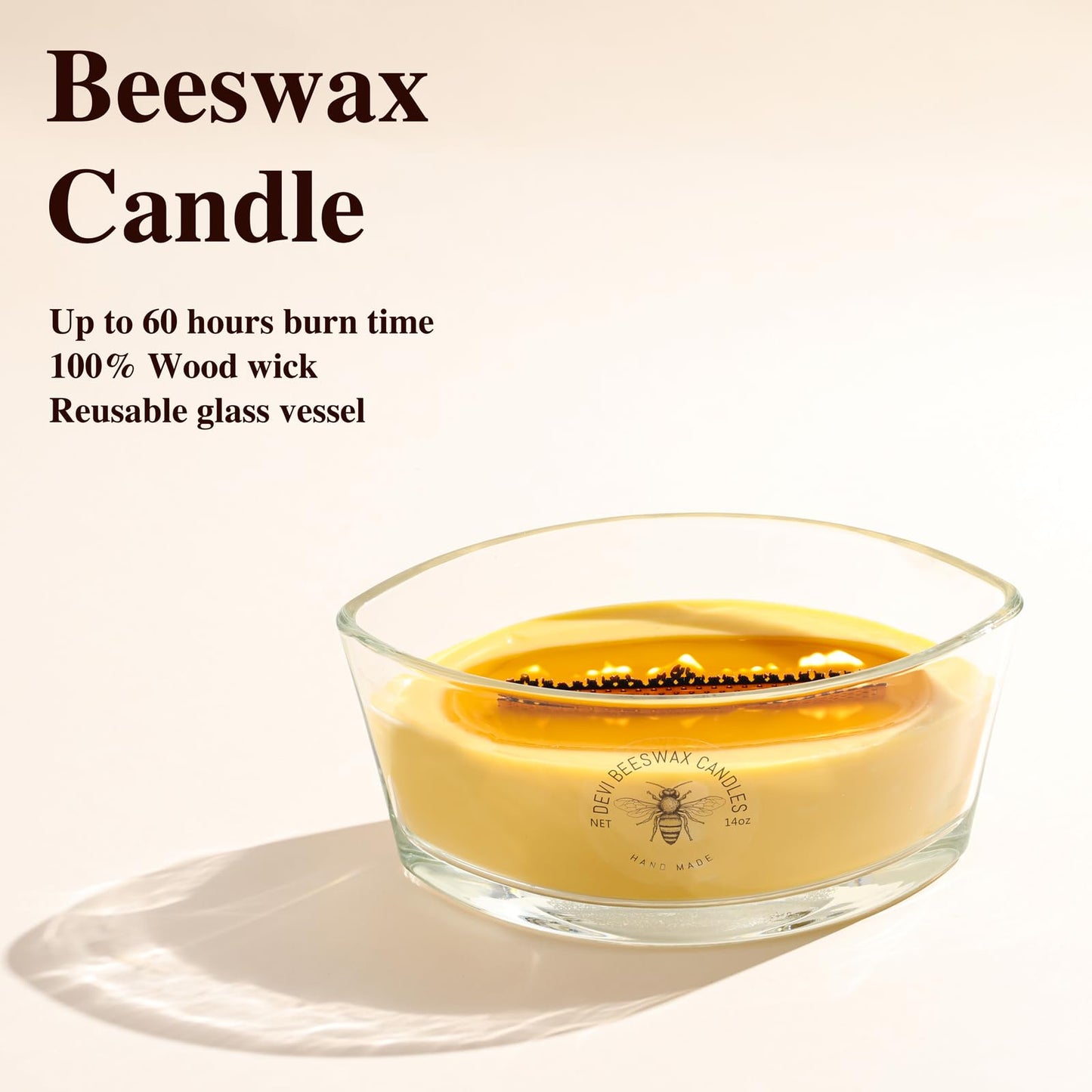 DEVI Pure Beeswax Candles Jar Candles 14oz, Large Bees Wax Candles for Home Unscented, Gifts for Women & Men, 60 Hours Burning, Non Toxic Candles, Paraffin-Free