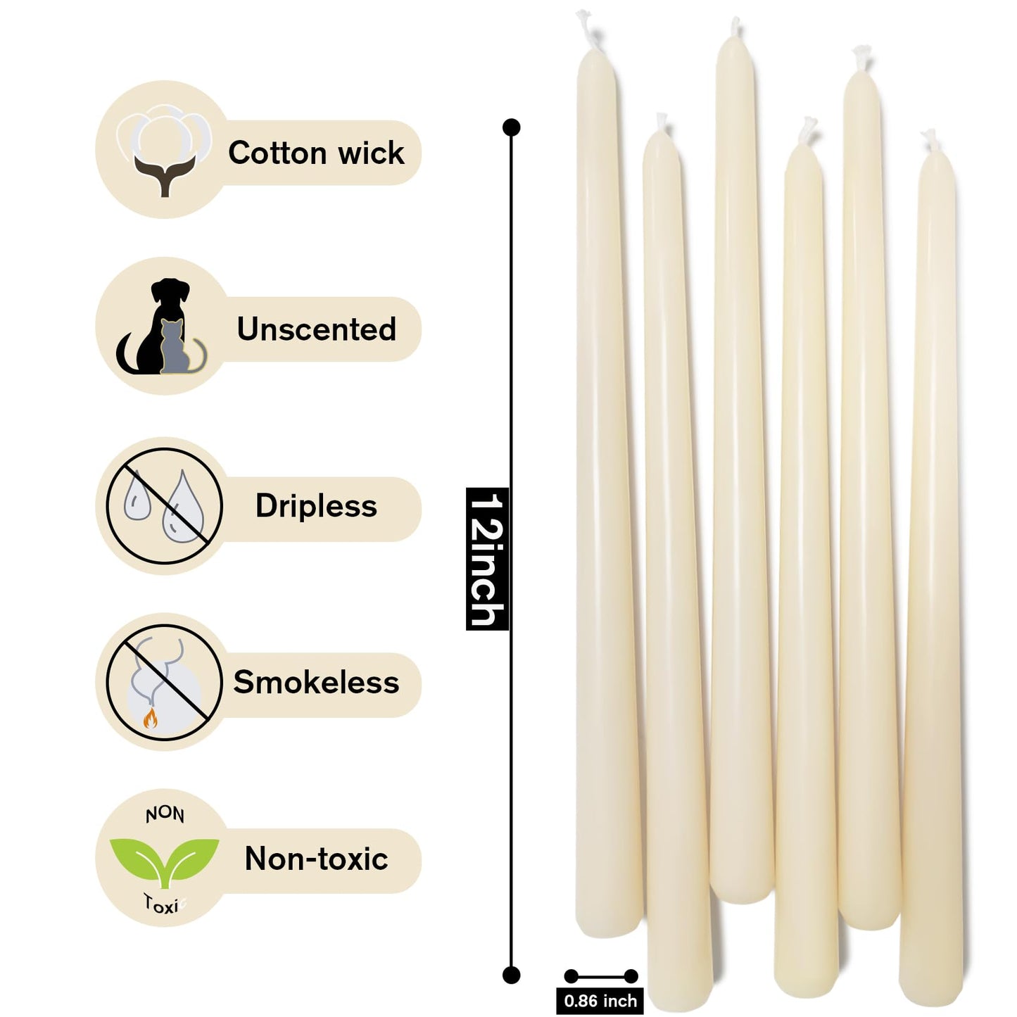 12 Inch Taper Candles 6 Pcs Unscented, Smokeless, Dripless Long Tapered Candlesticks Candles for Christmas Birthday Dinner Wedding Party Home Decor