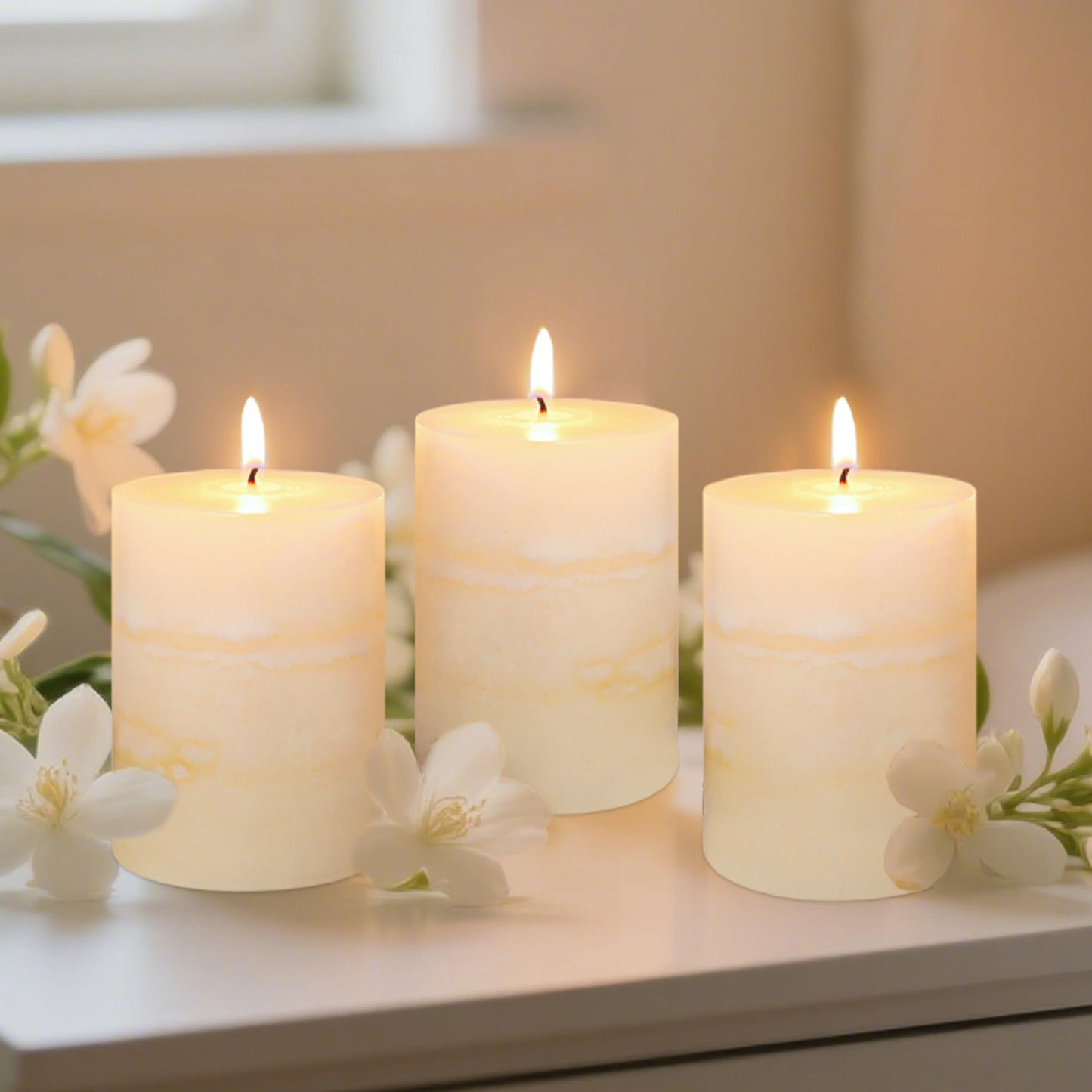 FLAVCHARM 3x4 Inches Jasmine Scented Pillar Candles Ivory White Hand-Poured Candle Long Burning Aromatherapy Candle for Home Scented Wedding Bar Centerpiece Table Decoration, 3 Pack