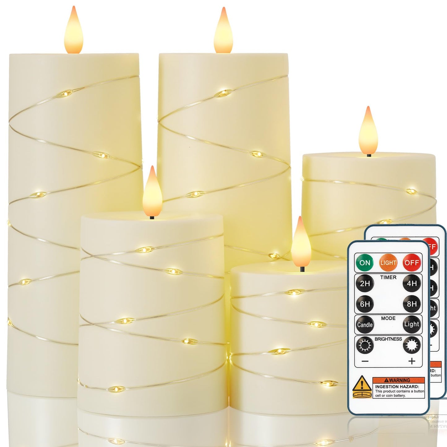 Raycare Flameless Candles with Remote Timer, Flickering Battery Operated LED Pillar Fake Candle with String Lights for Home Decor, Christmas, Wedding and Gift, Ivory, Set of 5