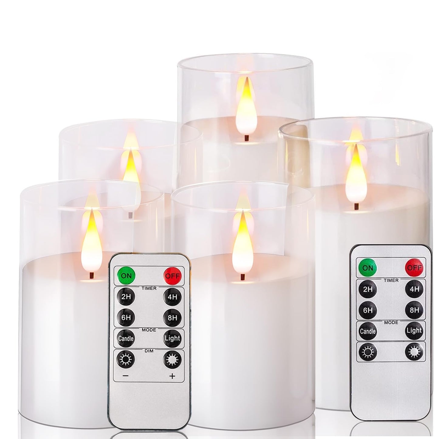 NICEME Flickering Flameless Candles with Remote Timer Unbreakable Acrylic Battery Operated LED Candles with Flickering Flame 3D Wick for Romantic Ambience Home Decor Set of 5, D3” xH4” 4” 5” 5” 6”