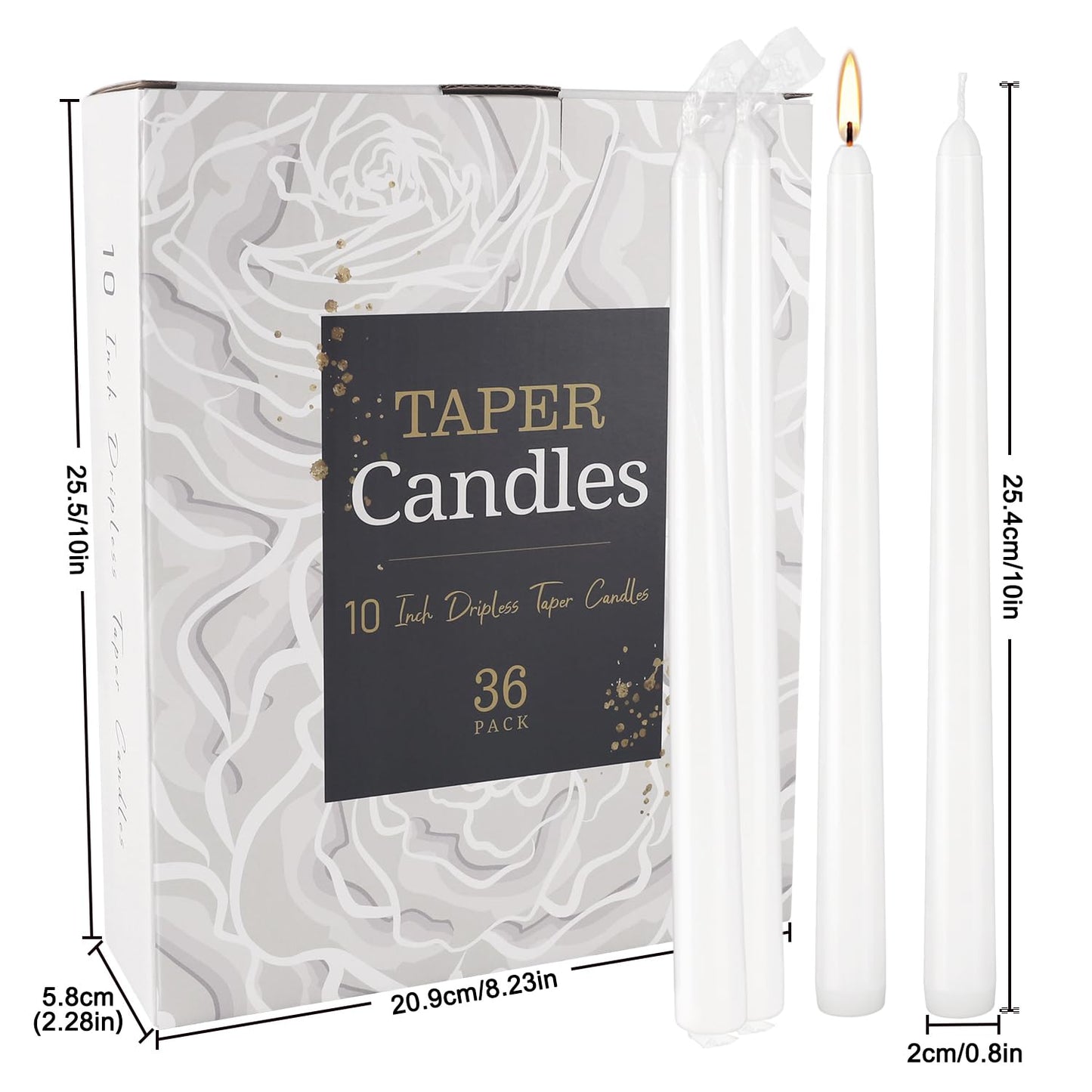 Grcdoyvl 36 Pack White Taper Candles 10 Inch - Premium Unscented Dripless & Smokeless Long-Burning Candles for Wedding Decor, Fine Dining, Candelabras, Romantic Dinner, and Elegant Home Decor