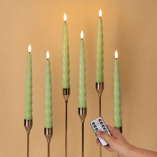 Girimax Spiral Green Flameless Taper Candles with Remote, Flickering Battery Operated LED Wax Candlesticks Spring Summer Home Decor Set of 6