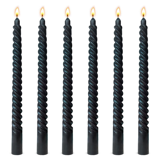 6 Pack 10 Inch Black Spiral Taper Candles for Halloween Wiccan and Pagan Rituals, Unscented Dripless Twisted Candlesticks for Dinner Party Gothic Decoration and Memoria Services
