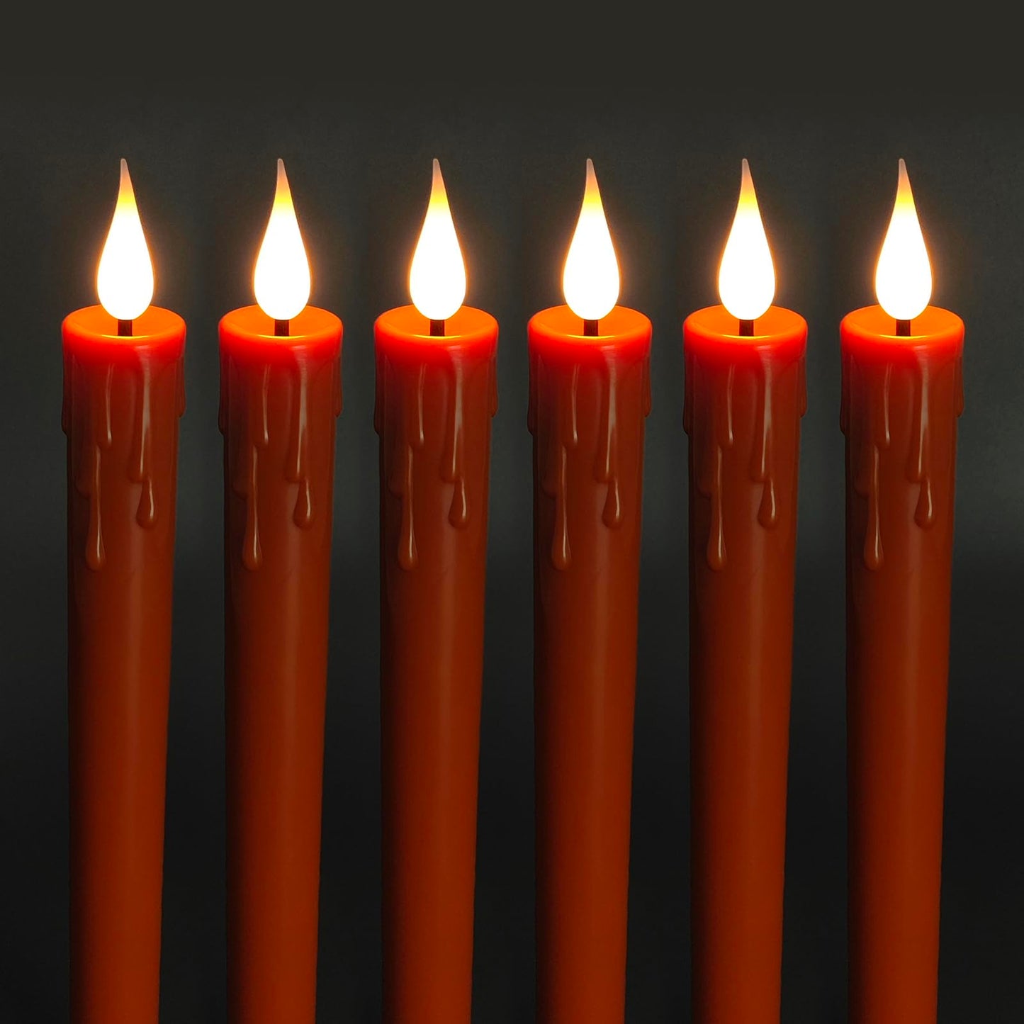 Flameless Taper Candles -10 inch 6 Pack Orange Candle Sticks with 3D Flickering Effect & 10-Key Remote, Realistic Battery Operated Candlesticks for Christmas Decor, Weddings, Halloween, Home Decor