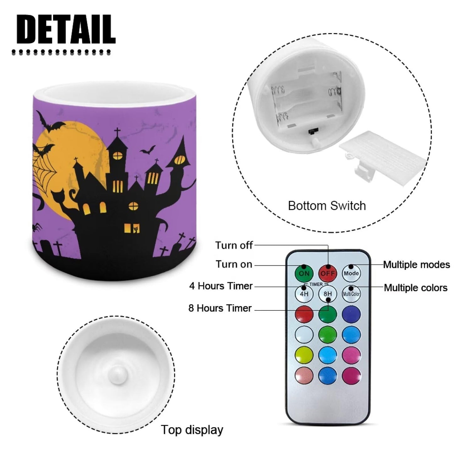 Merkmak Halloween Flickering Flameless Candles with Timer Bat Haunted House Witch Print LED Pillar Candles with Remote Battery Tea Lights for Indoor Outdoor Home Party Decorations