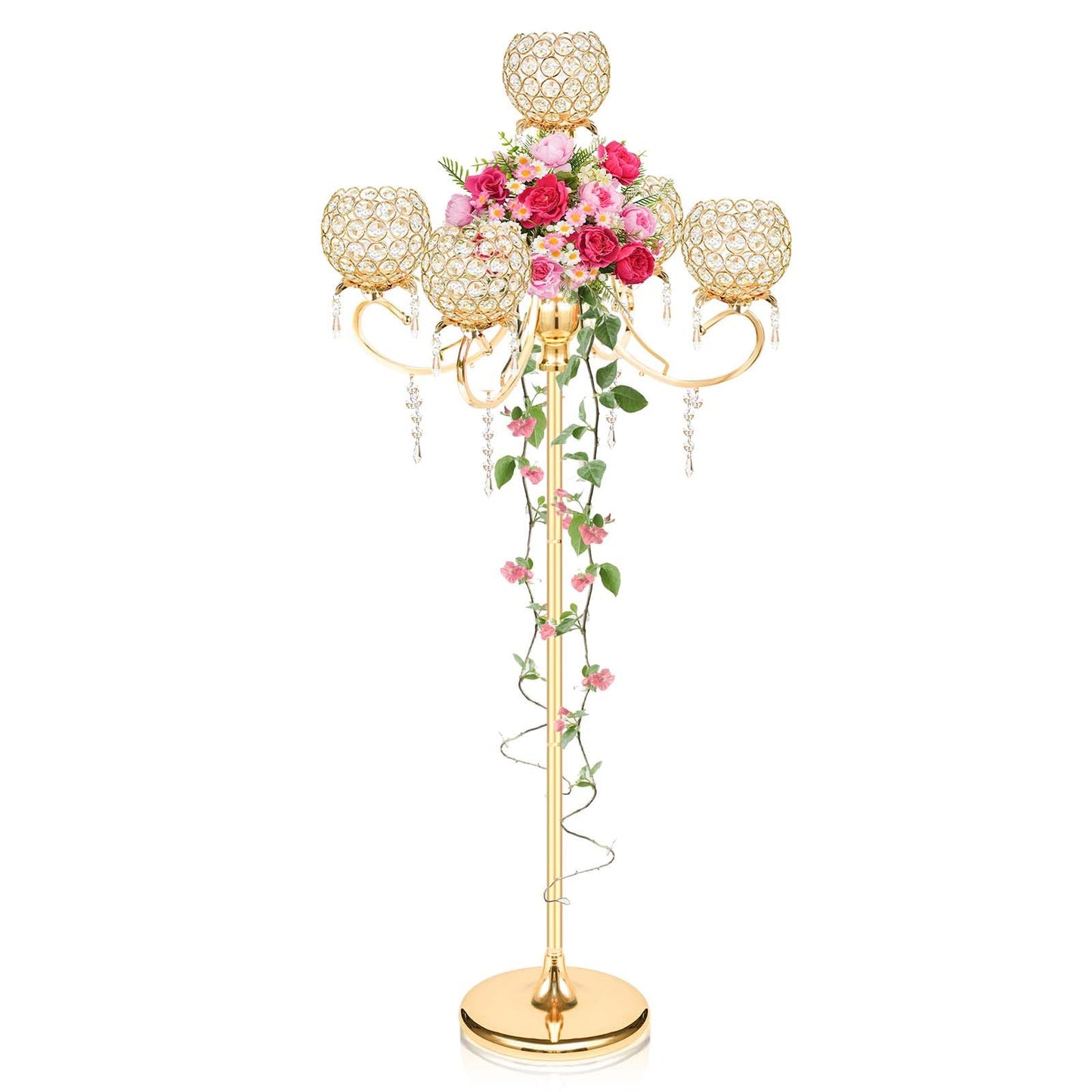50" Tall Large Elegant Crystal Candelabra/Candlestick Holder Centerpiece for Weddings, Parties & Reception Decoration, Tealight Tray & Gorgeous Floor Candelabra Home Decor(Gold-1pc, 5-Arm)