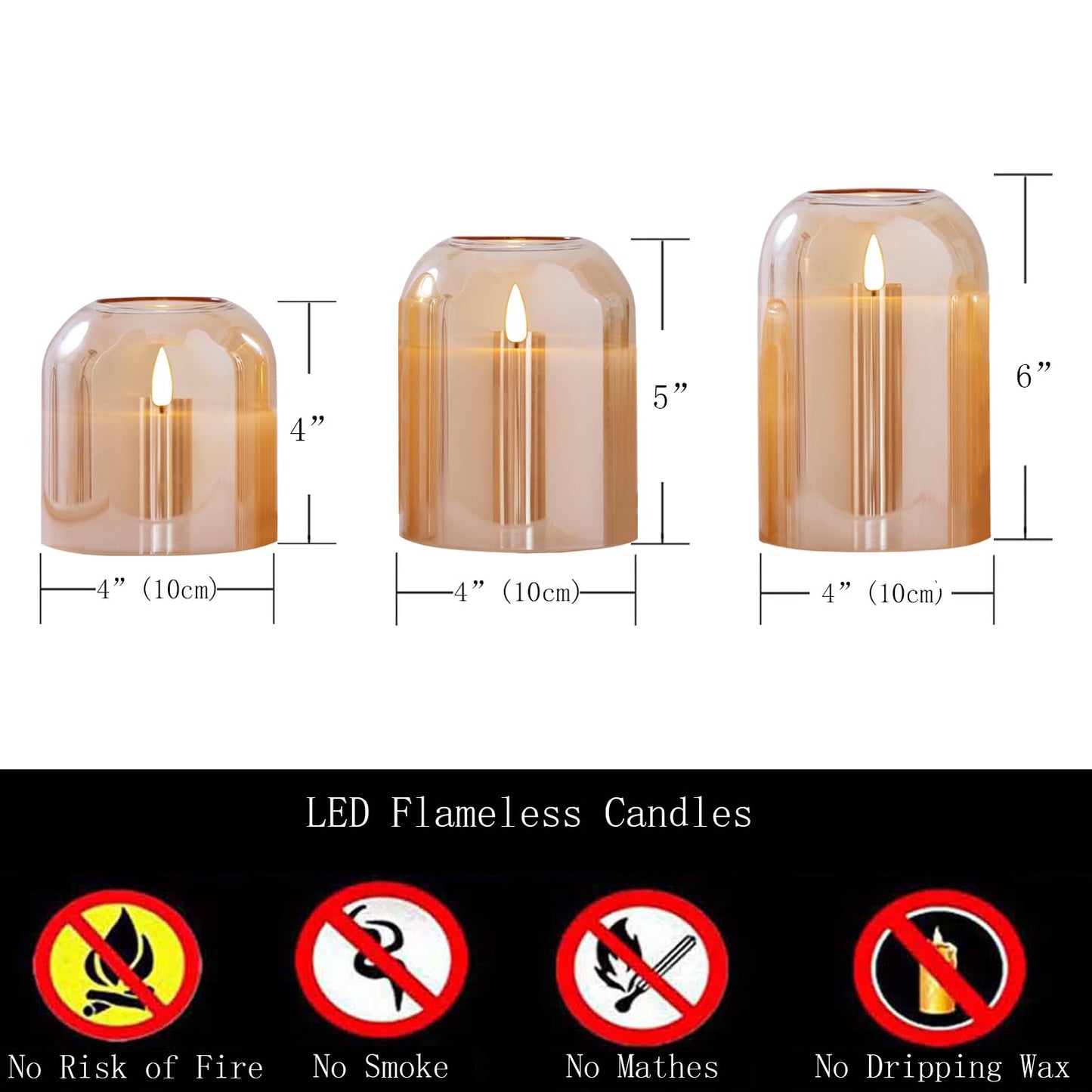 volnyus Gold Glass Flameless Candles with Remote Battery Operated Flickering LED Pillar Candles Real Wax 3D Wick Φ4 H 4" 5" 6"