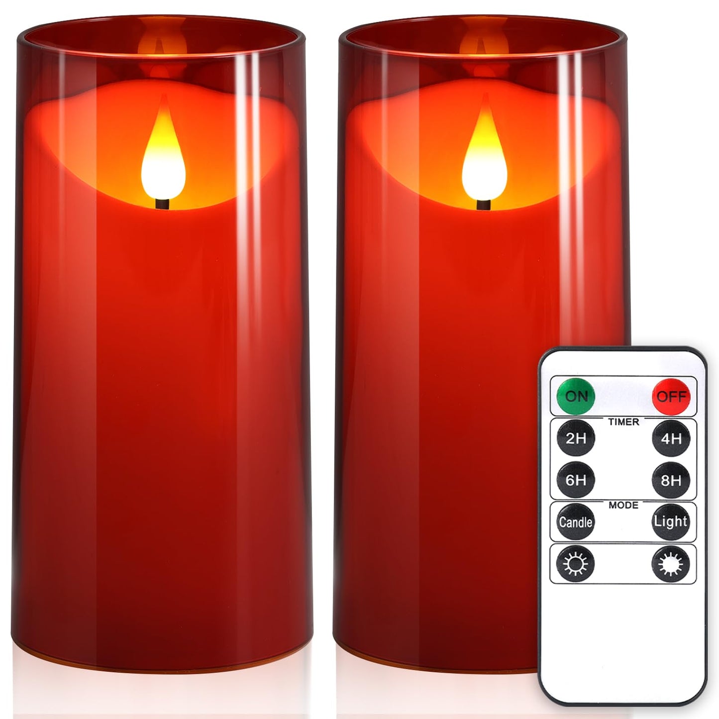 NURADA Flameless Candles with Remote Timer: 3D Wick Battery Operated Led Pillar Fake Candle Set for Wedding Birthday Christmas Decorations - Red 2 Pack