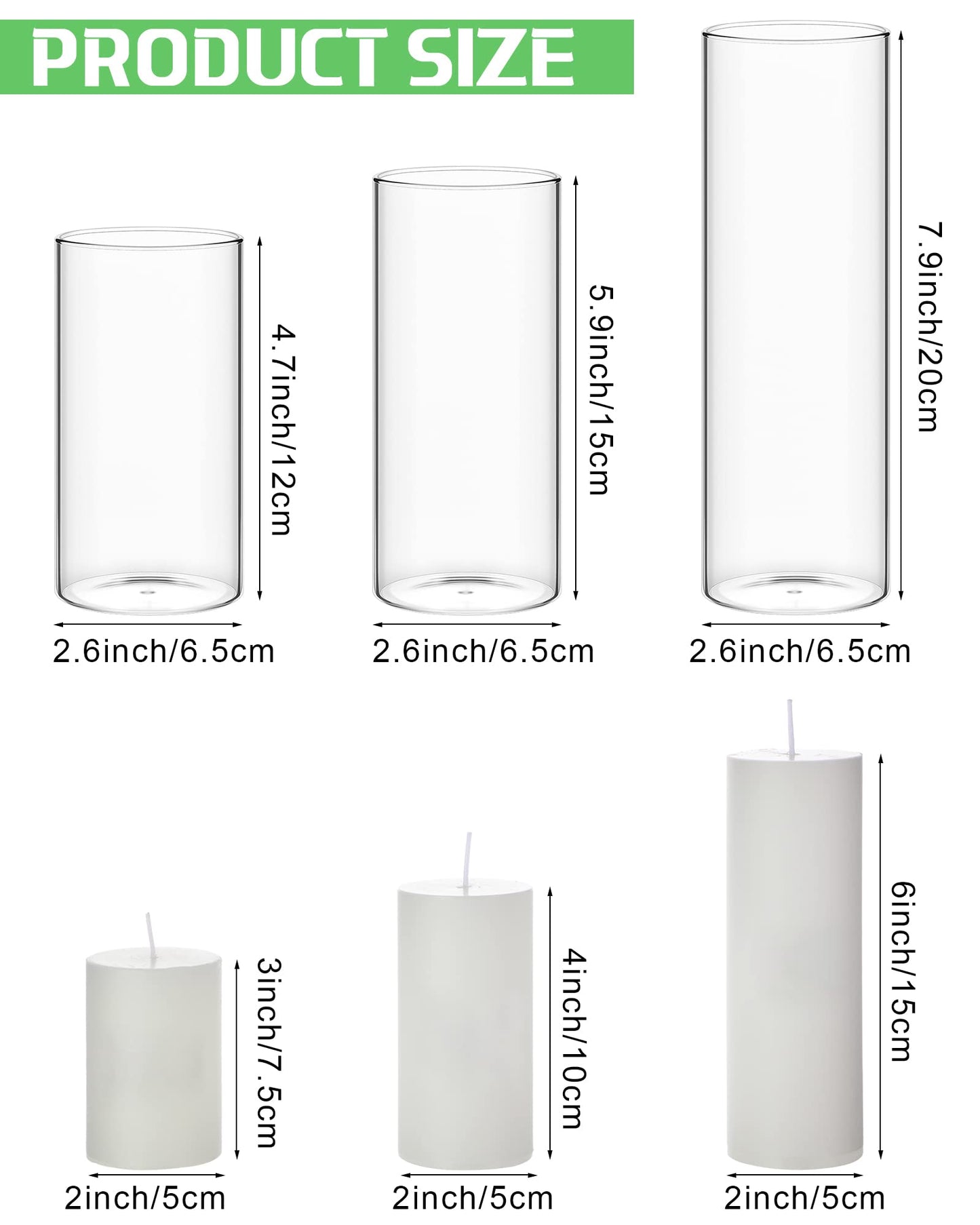 Shihanee Set of 6 Pillar Candles with Glass Cylinder Vases Clear Cylinder Hurricane Candleholders for Slim Tall Pillar Candles Wedding Table Centerpieces(2.6'' X 4.7'', 5.9'', 7.9'',White)