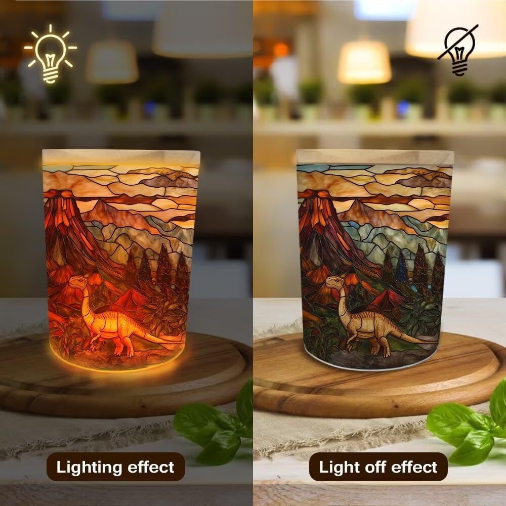 Stained Glass Dinosaur Tea Light Candle Holders, Volcanic Landscape Tealight Candle Holder Jar with Wooden Lid, Votive Candlesticks for Table Centerpieces, Christmas,Birthday Party,Home Decor