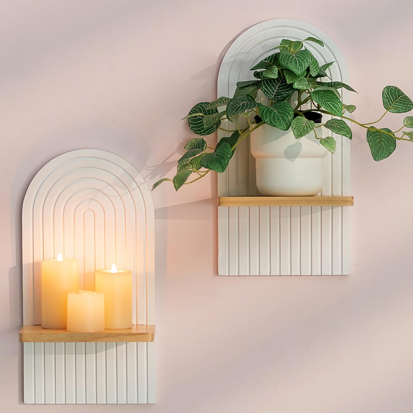 Walasis Boho Wall Candle Holder Decor: Mid Century Candle Sconces Set of 2 for Plants Pillar Candles - White Wood Modern Minimalist Arch Candle Shelf Bohemian Art Decor Beside Fireplace TV