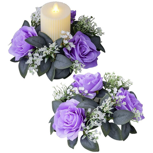 2 Pack Artificial Rose Candle Rings,Floral Wreaths with Eucalyptus Leaves Greenery Garland for Pillar Candle Lantern Wedding Centerpiece Party Home Table Decor (Purple)