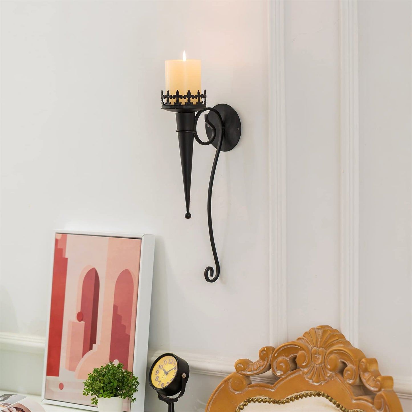 Wall Candle Holder for Pillar Tea Light Candles Decorative Candle Sconces Hanging Black Metal Wall Decorations with Modern Art Design for Living Room, Bathroom, Dining Room, Set of 2