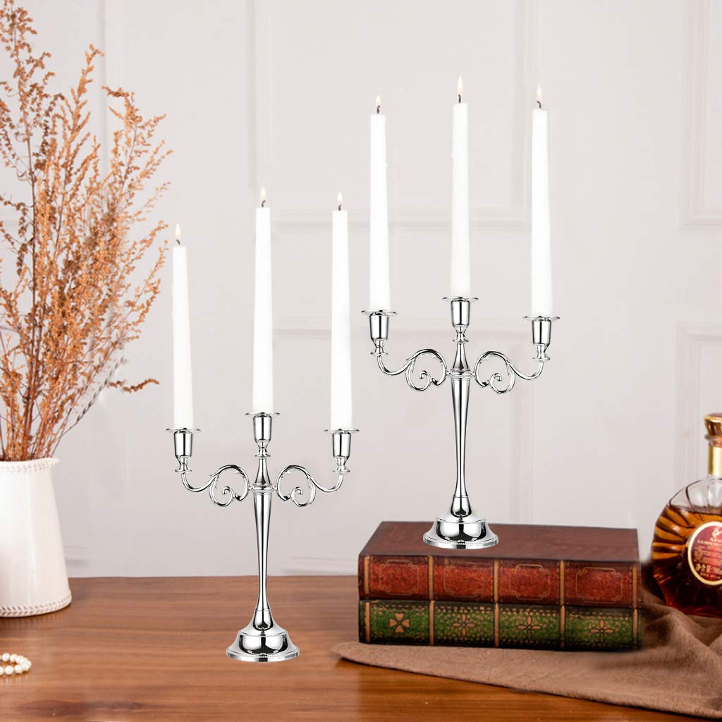 OwnMy 3 Arms Metal Candelabra Candlestick Silver European Elegant Candle Holder Candle Stand for Wedding Dining Table Christmas Party Home Decoration (Silver Tone)