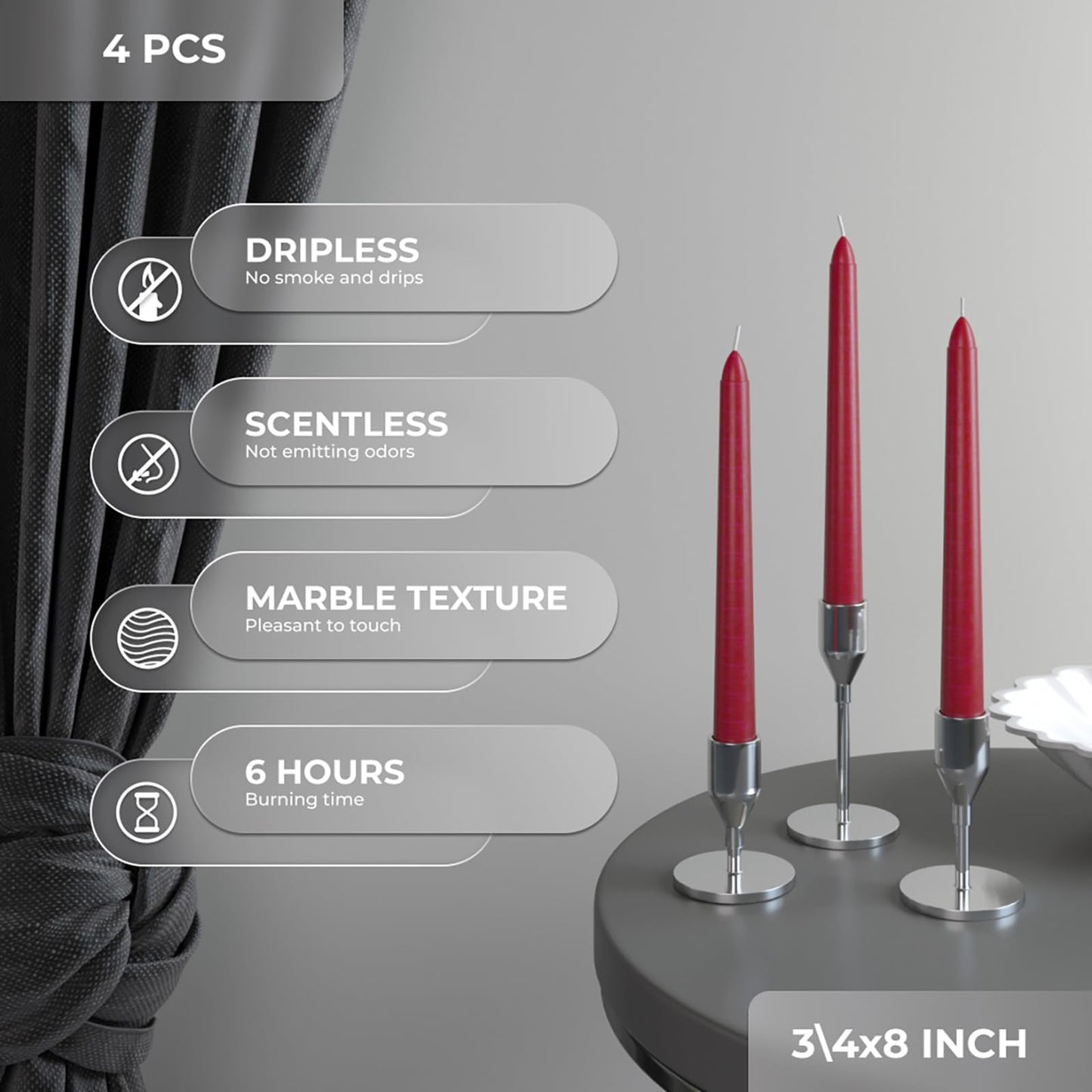 CANDWAX Bordeaux 8 inch Taper Candles Set of 4 - Unscented Smokeless Dripless Tall Candlesticks - Ideal for Party, Wedding or as a Romantic Dinner Table Centerpiece - Tapered Candle Sticks