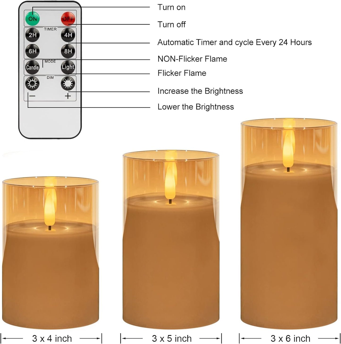 COVEGE Glass LED Flameless Candles Set with Remote, Gold Battery Operated Fake Candles, Real Wax with Warm Flickering Light, Safe Decorative Pillar Candles for Home, Wedding, Party Gift (Pack of 3)