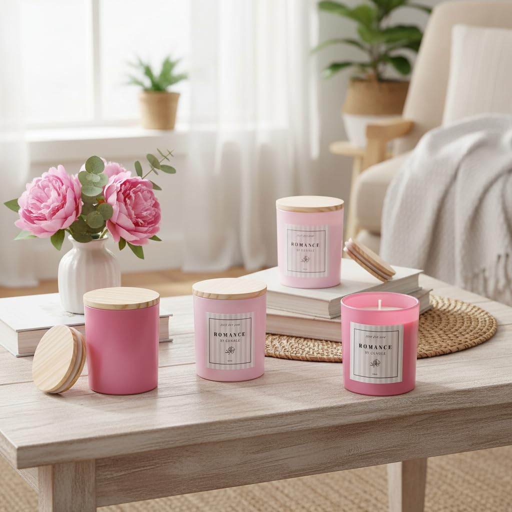 12Pcs Assorted Pink Candle Jars for Making Candles, 10oz Empty Candle Jars with Bamboo Lids and Labels, Glass Candle Jar for Candle Making Supplies, Candle Containers for DIY Gifts