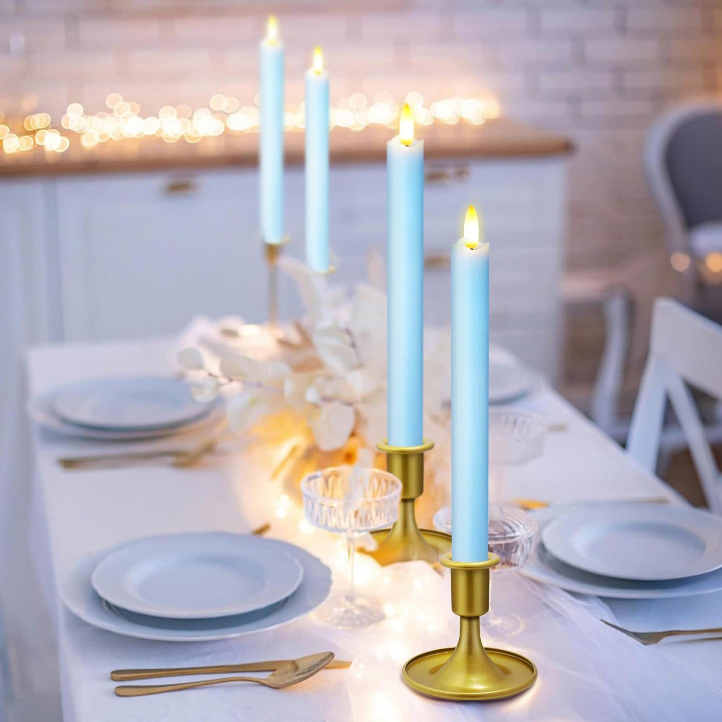 KSWING Upgraded Real Wax LED Flameless Light Blue Taper Candles with Remote, 6 PCS Candlesticks Battery Operated 3D Flickering - 9.6" Long Realistic Fake Candle Sticks for Home/Wedding/Xmas Decor