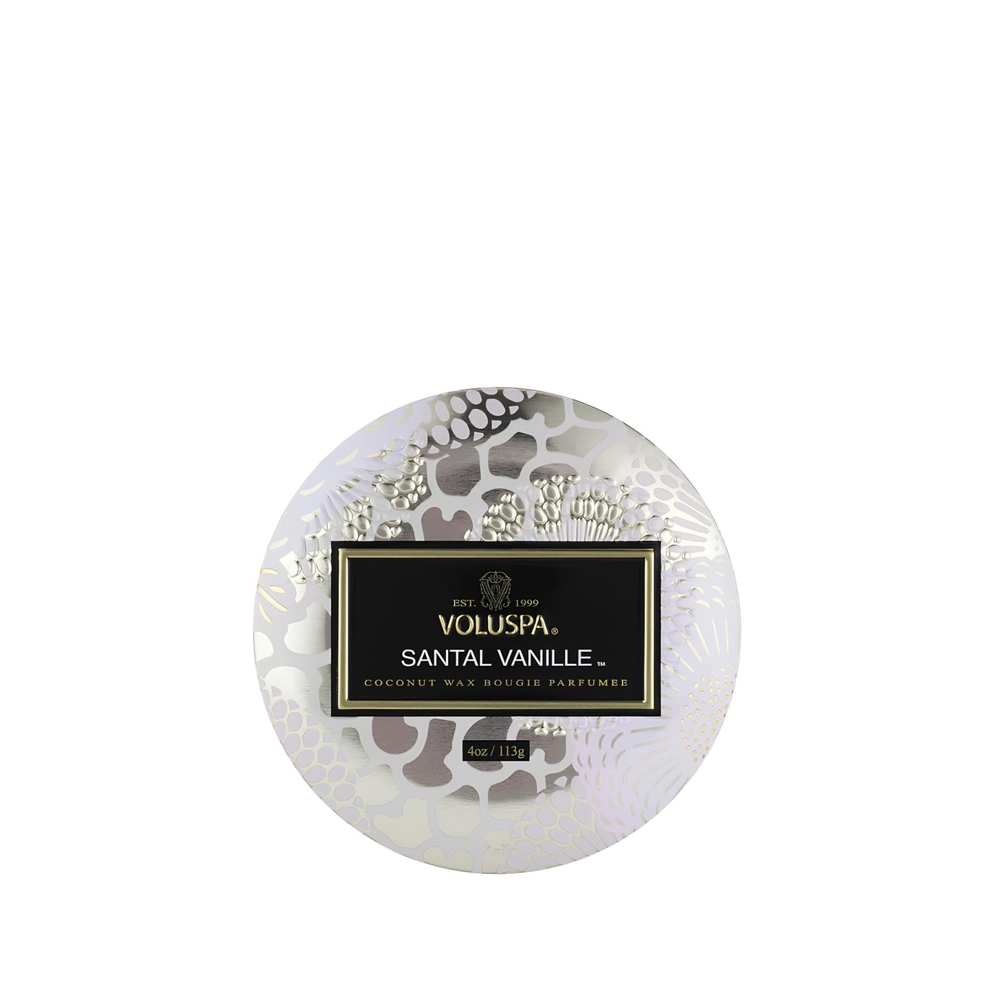 Voluspa Santal Vanille, Mini Tin Candle, 4 Ounce, 25 Hour Burn Time, Coconut Wax for Clean Burning, Handcrafted in the USA