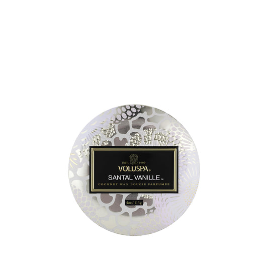 Voluspa Santal Vanille, Mini Tin Candle, 4 Ounce, 25 Hour Burn Time, Coconut Wax for Clean Burning, Handcrafted in the USA